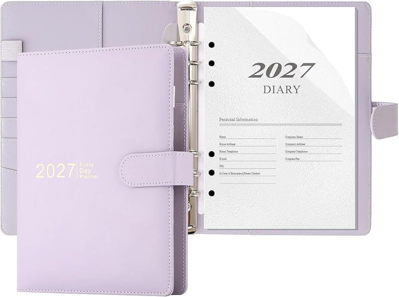 Agenda 2027, formato A5, agenda giornaliera 2027, agenda giornaliera per pagina da gennaio a dicembre, copertina rigida, organizer con adesivi per agenda, portapenne, tasca interna (viola)