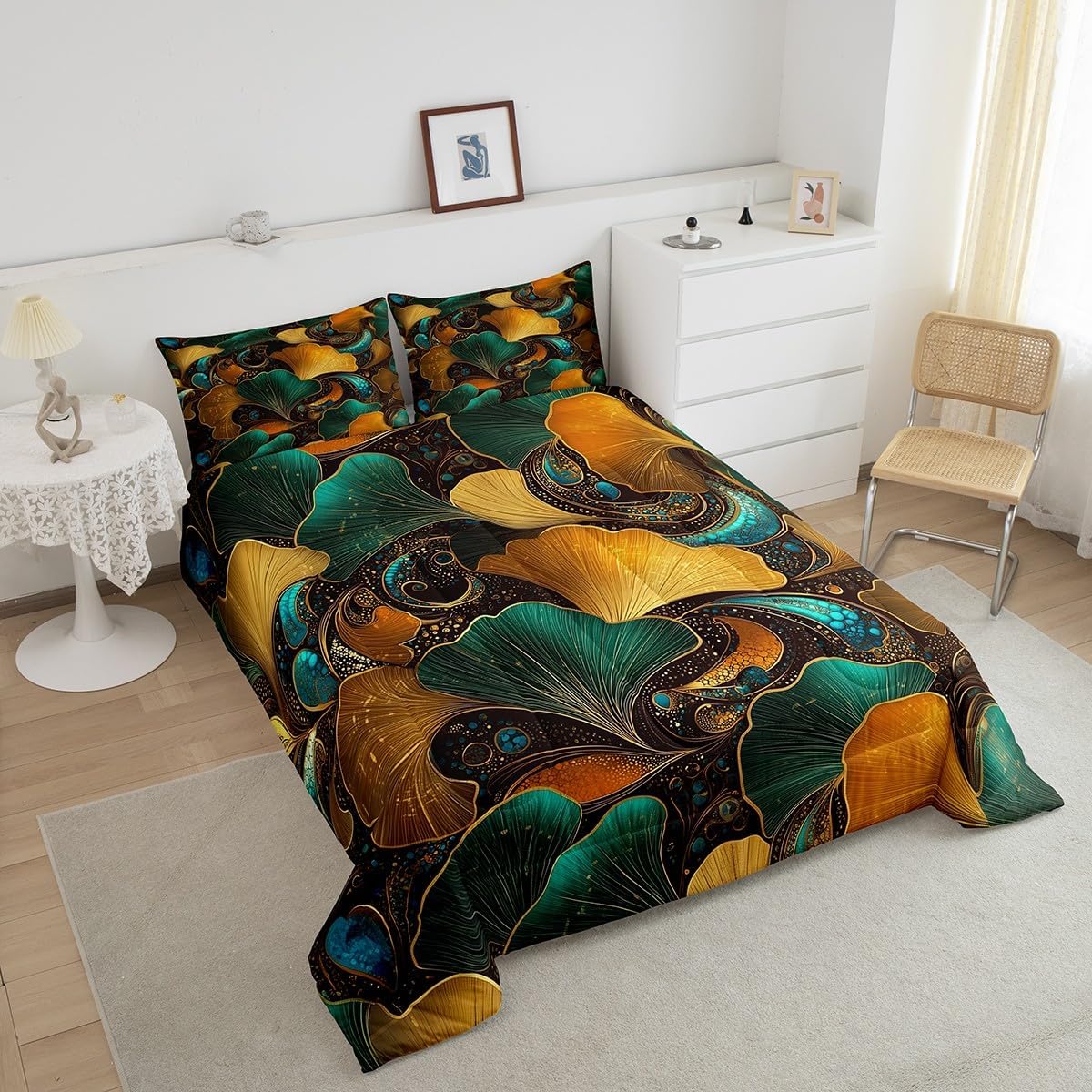 Ginkgo Leaves Comforter Set,Gradient Green Yellow Nature Leaf Bedding Sets for Kids Teens Adults,Geometric Spiral Swirls Golden Lines Modern Quilted Comforter with 1 Pillowcase Toddler Size 2 Pcs