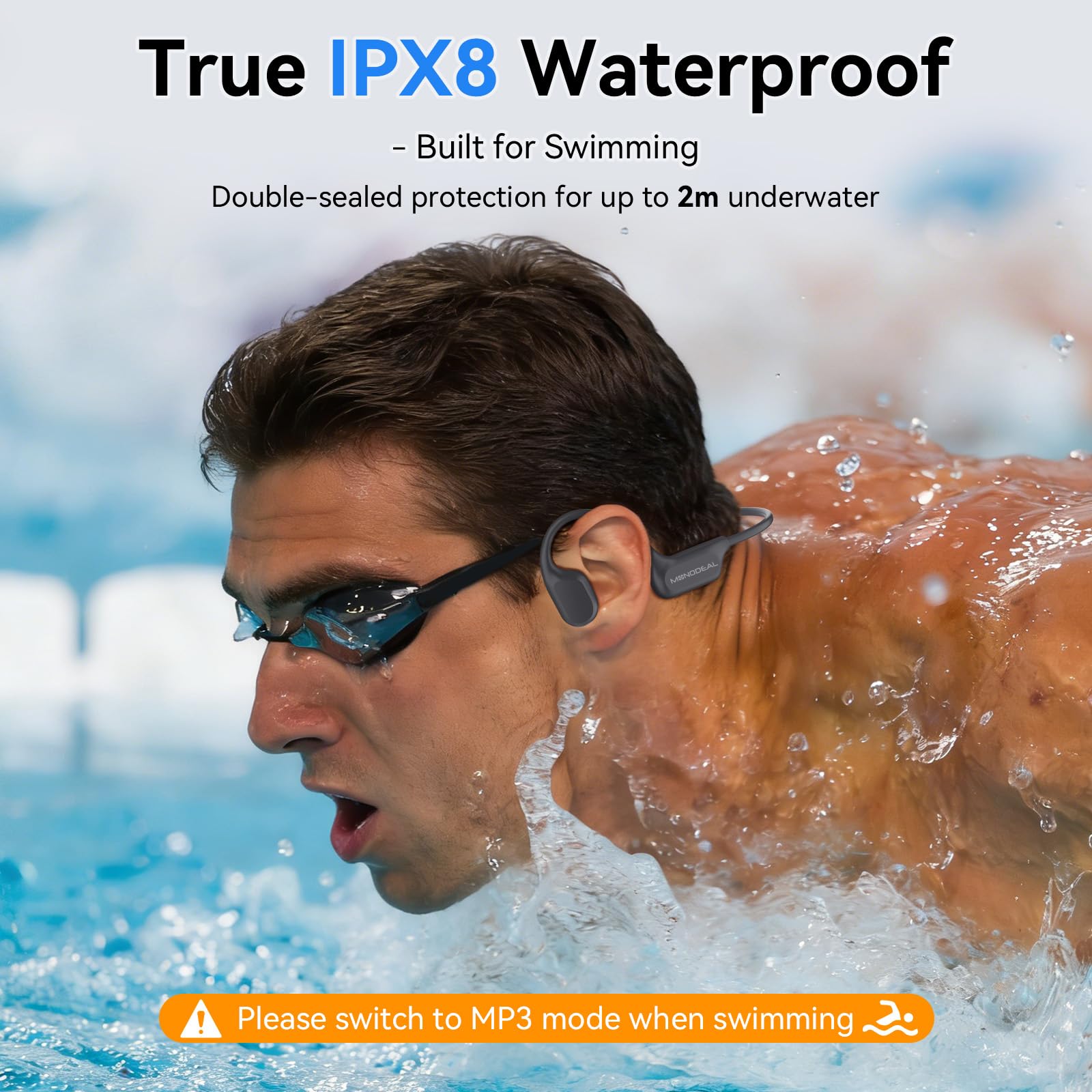 MONODEAL Cuffie Conduzione Ossea Subacquee per Piscina IPX8 Impermeabile Bluetooth 6.0 Auricolari MP3 Subacqueo 16G Auricolari Sport per Nuoto, Corsa