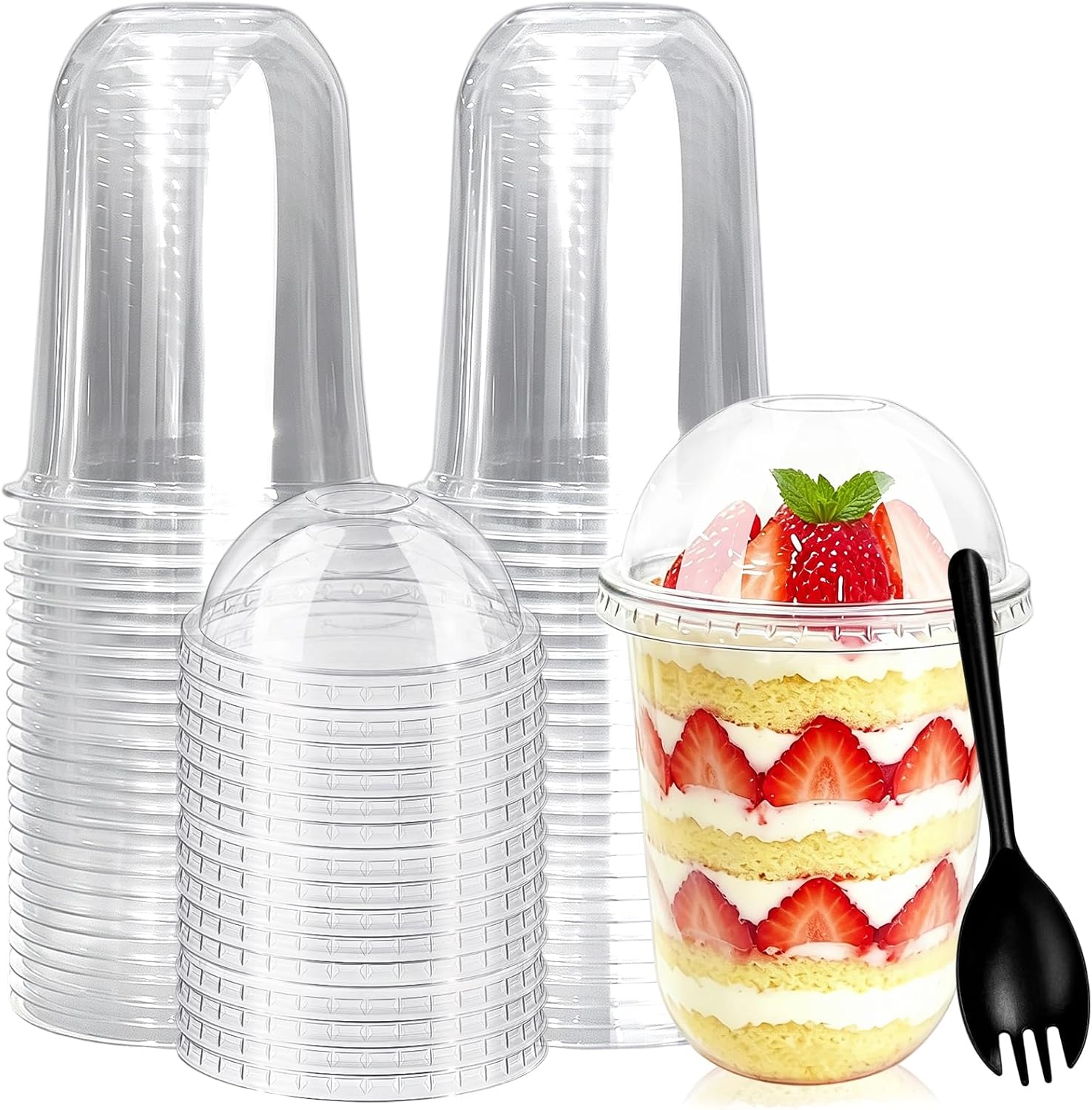 Jnnzzggu 50 Pack 12oz Clear Plastic Cups with Dome Lids and Sporks No Hole Disposable Fruit Cups for Dessert, Cupcake, Parfait, Pudding, Iced Cold Drinks, Snacks, Fruits, Bakeries, Ice Cream