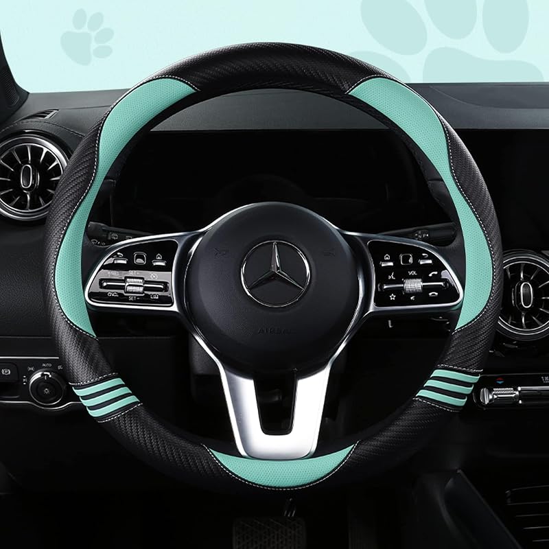 Capa para Volante HighnessHwoo em Couro PU com Textura de Fibra de Carbono Verde e Preta, Tamanho Padrão de 37,5–38,5 cm