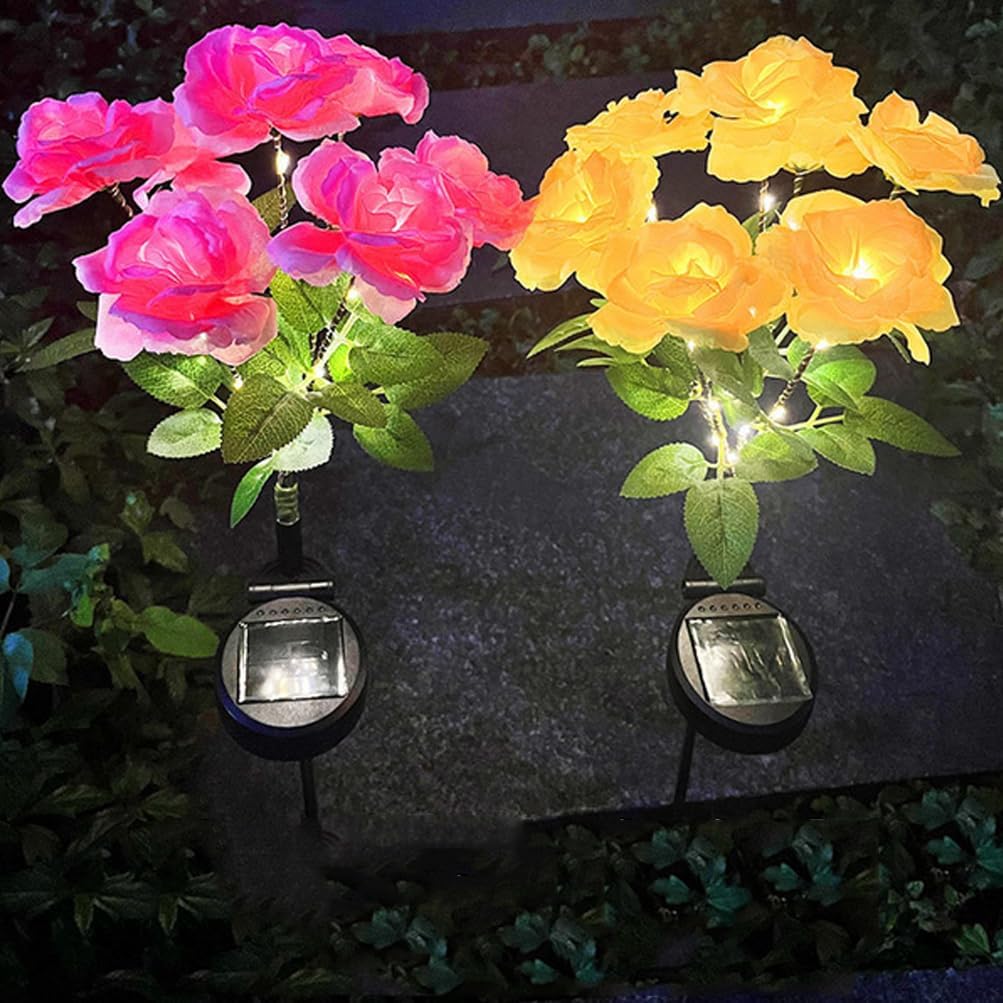 Aolyty Solar Garden Lights, 2 Pack Solar Rose Lights with 14 Rose Flowers, IP65 Waterproof LED Landscape Light Warm Light for Garden Patio Yard Pathway Valentines Day Outdoor Decorative (White)