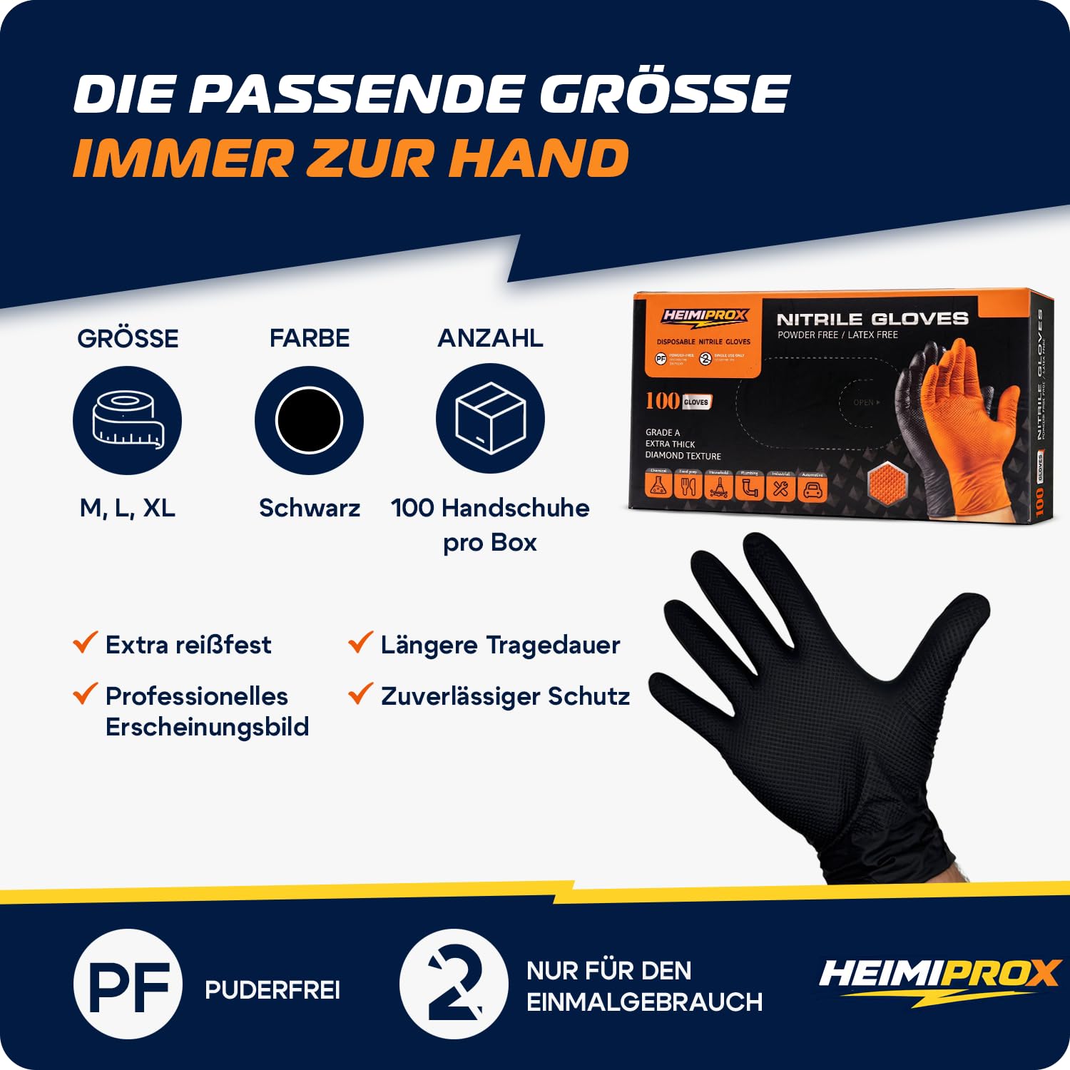 Nitrilhandschuhe extra dick mit Diamanttextur für starken Grip – Einweghandschuhe puderfrei, latexfreie Handschuhe silikonfrei – verstärkte Stulpe, Schwarz (L, 1000, stück, 10)