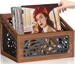 QILICHZ Vinyl Record Storage,70+ Lps Records Holder,Vinyl Holder,Wood Record Storage Crate,Rustic Album Storage for Vinyls Records,Magazine File Holder Rack for Home Office,Brown + Black