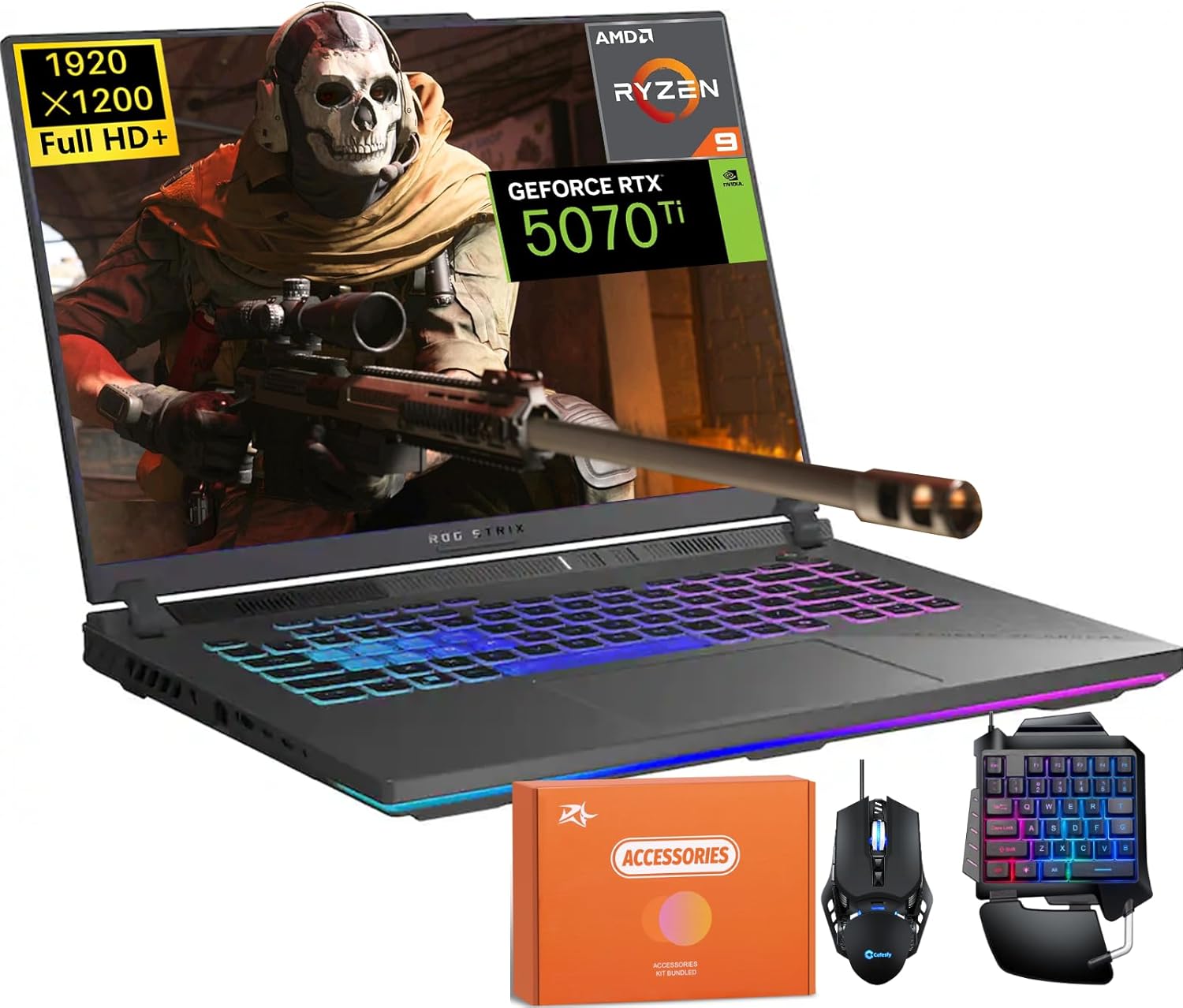 ASUS 2025 ROG Strix G16 Gaming Laptop, Ryzen 9 8940HX (16 Cores, Up to 5.3GHz), 32GB DDR5, 1TB SSD, 12GB GDDR7 RTX 5070Ti, 16" 1900 x 1200 (WUXGA), Windows 11 Pro, W/One-Handed Keyboard & Design Mouse