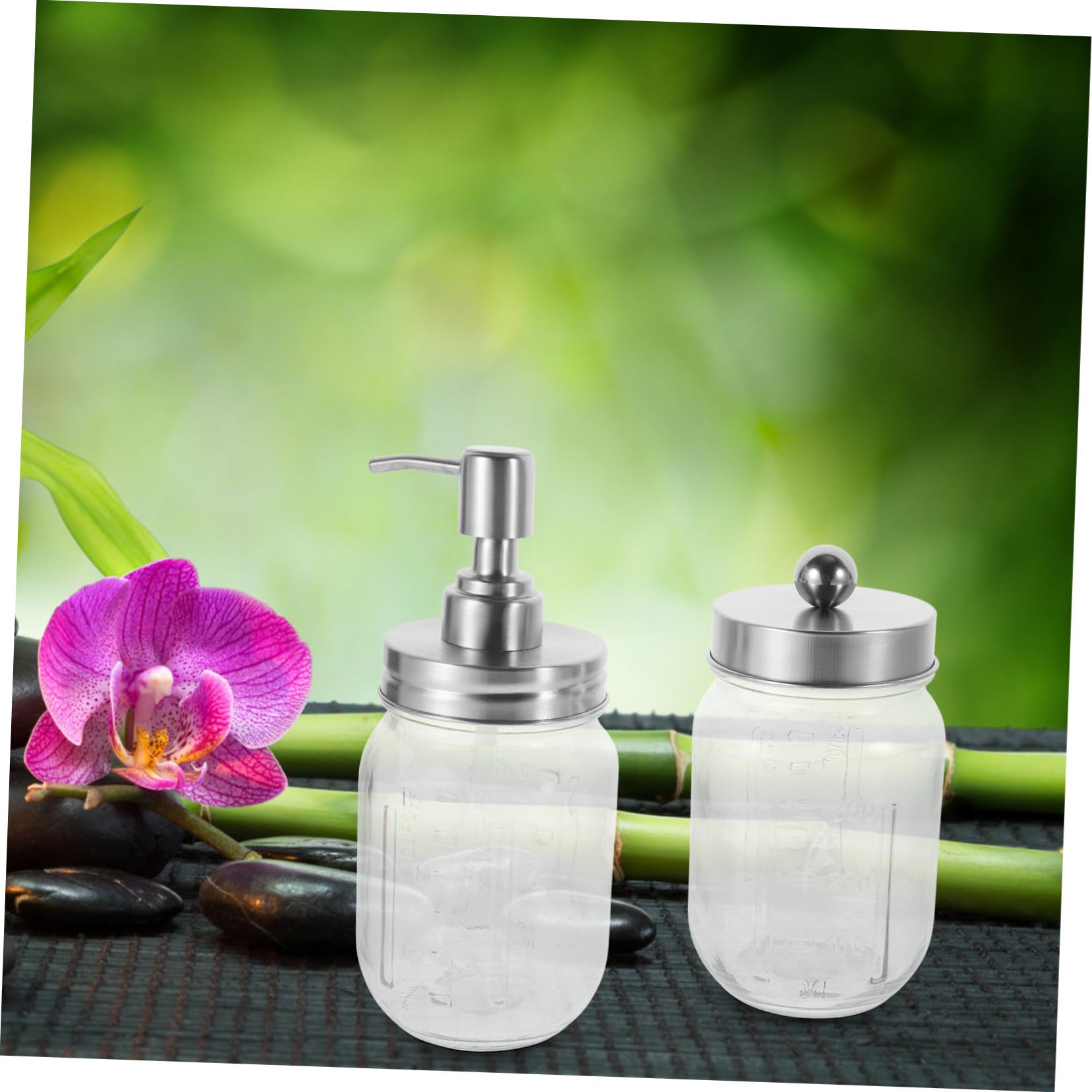 NOLITOY Accesorios de Baño Dispensador de Jabón Espumoso Mason Jar Porta Cepillos de Dientes y Frascos de Almacenamiento Diseño Elegante para Encimeras Material y Inoxidable Color Plata
