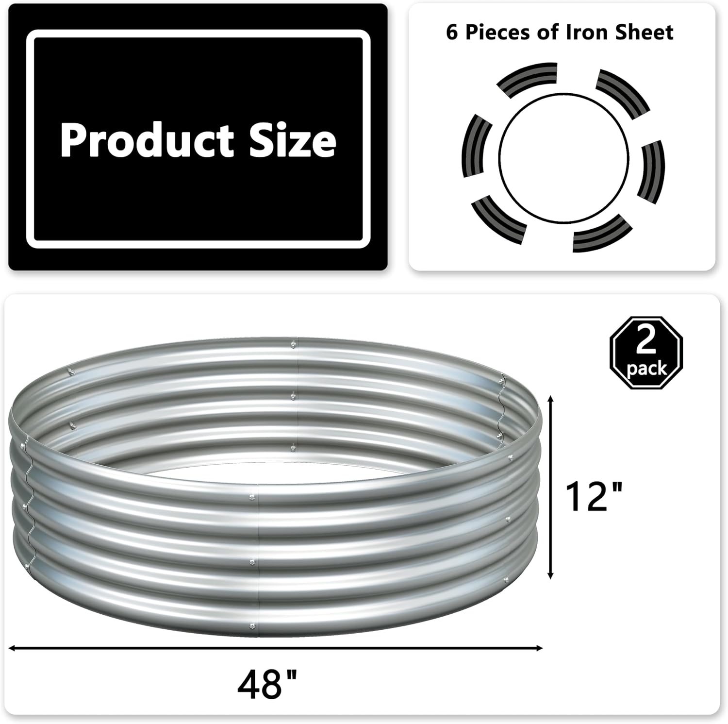 Foxlang 4x4x1ft(2 Pack) Galvanized Round Raised Garden Bed,Outdoor Planter Box Metal Patio Kit Planting Bed for Vegetables Flowers Herb,Silver