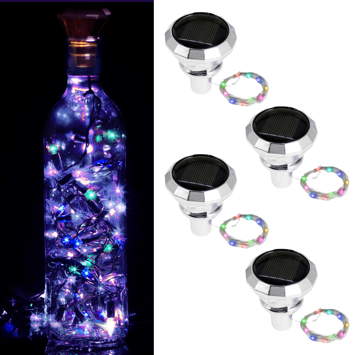 Lumosmart 4Pcs Solar Wine Bottle Lights for Outdoor Garden Waterproof Mini Led Bottles Fairy Light Rechargeable Diamond Cork Solar Powered Lamp Kit with 2M 20 Led Copper Wire String Lights (Colorful)