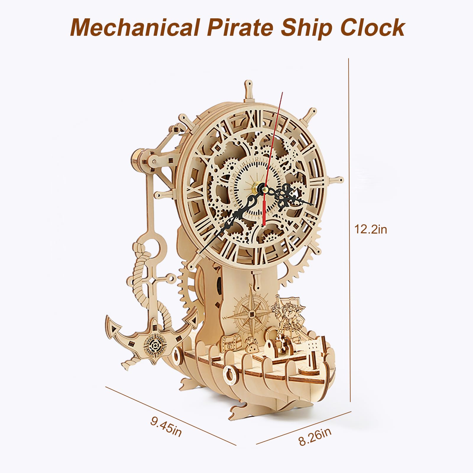 3D drewniane puzzle dla dorosłych, 3D drewniany zegar puzzle mechaniczne model, Drewniany zegar DIY z pirackim statkiem, DIY świąteczne prezenty urodzinowe, 123 elementy