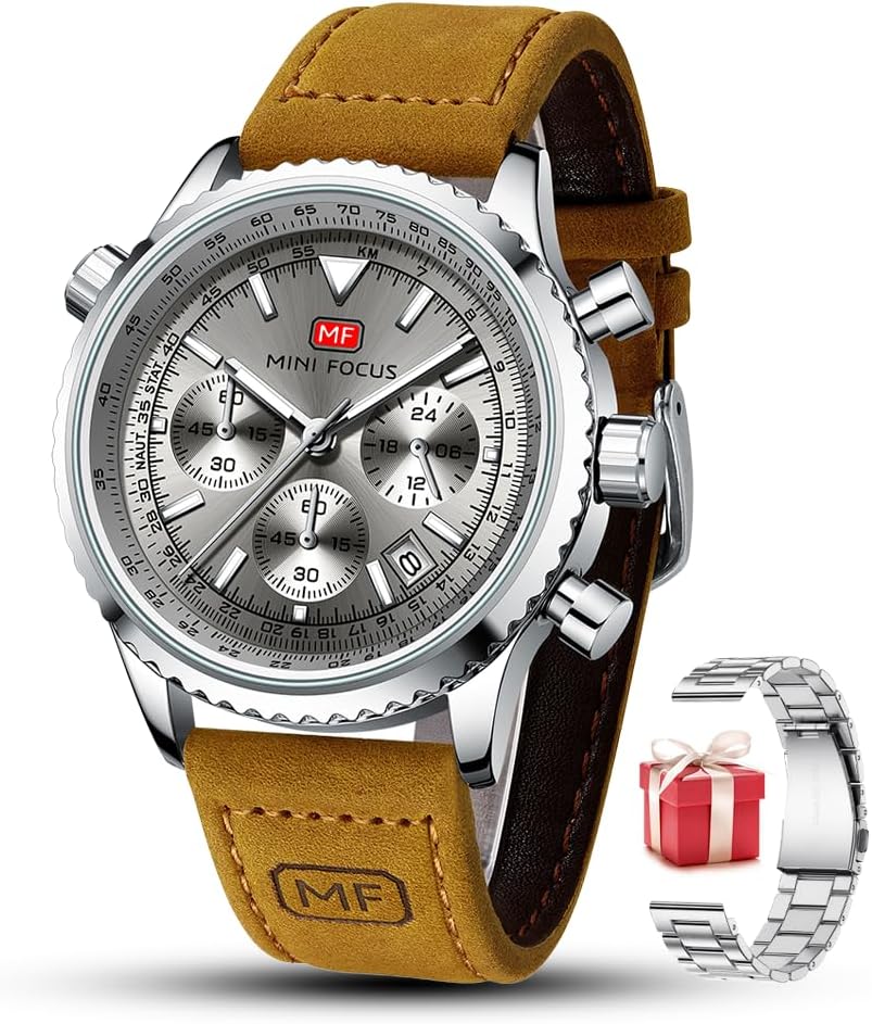 Mini Focus Men Watches Business Casual Wrist Watches (Multifunction/Waterproof/Luminous/Calendar) Genuine Leather Band Fashion Watch for Men