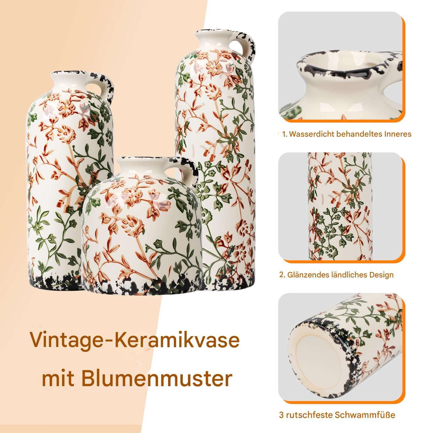 Keramik Vasen Set 3er Vintage Landhausstil, Blumenvase Groß & Klein mit Blumenmuster, Wasserdicht Dekorative Vase für Pampasgras & Trockenblumen, Rustikale Tischdeko Wohnzimmer Deko (Beige Floral)