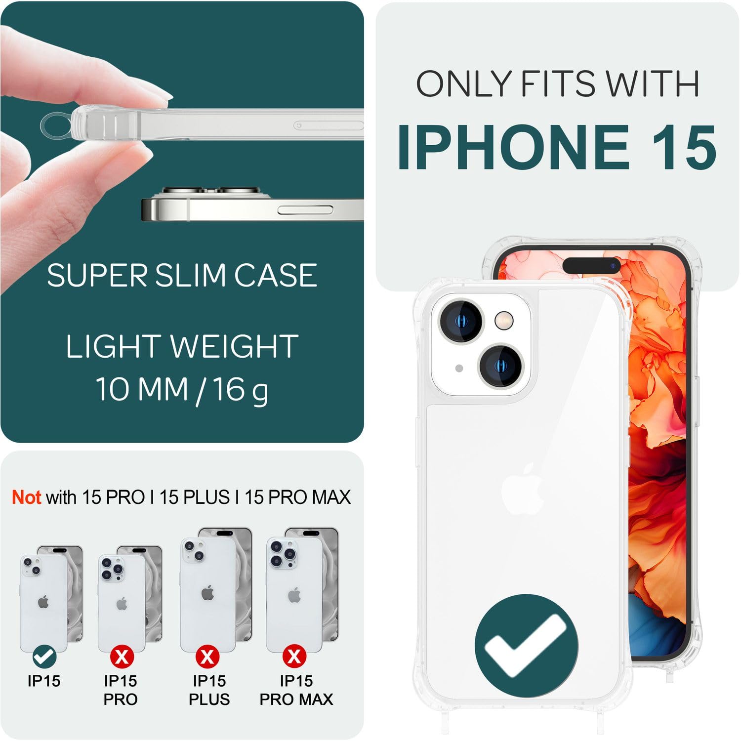 NALIA Necklace Case for iPhone 15, Transparent Hybrid Cover & Strap, HANGIT PRO (Anti-Yellow Back & Adjustable), German Brand - Image 4