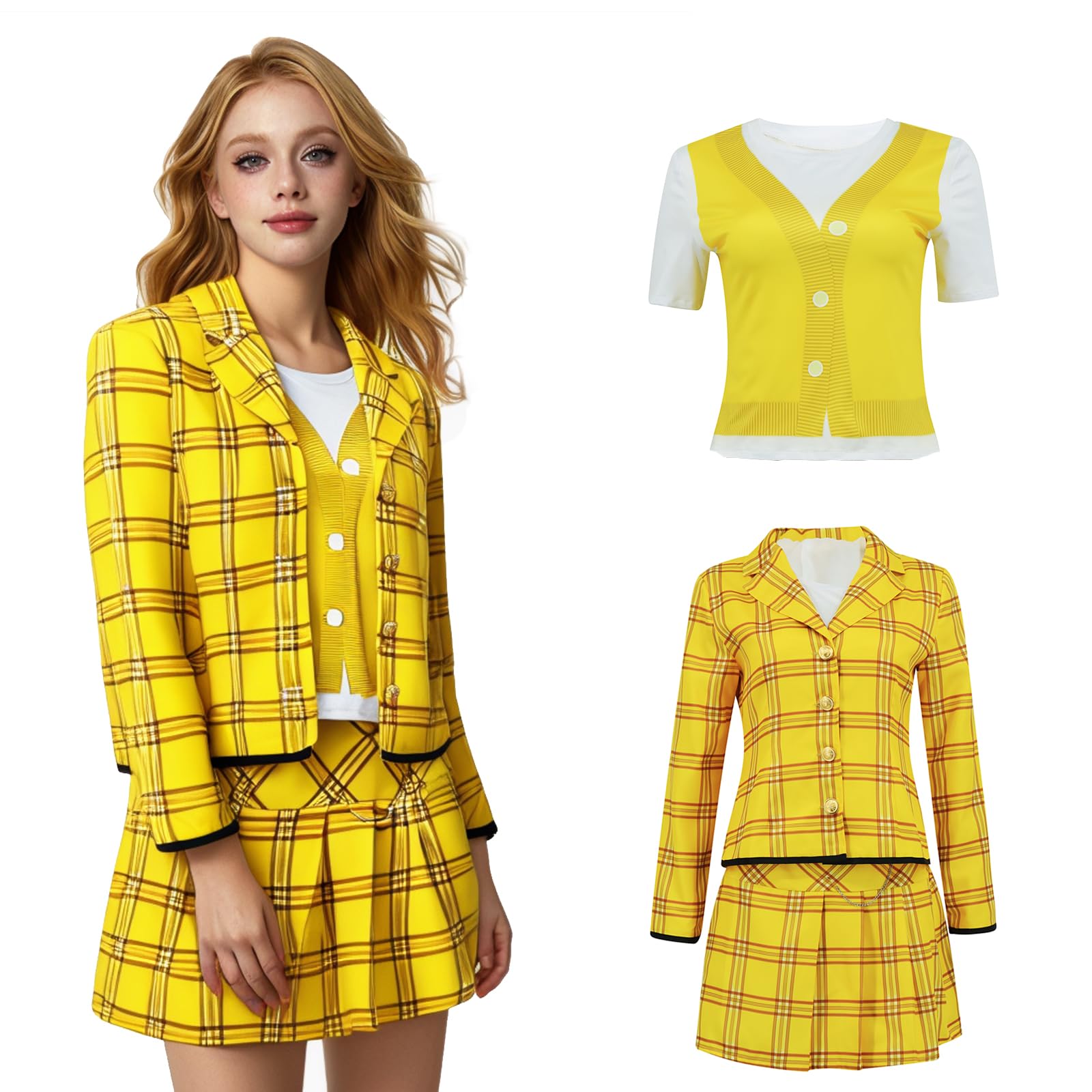 AYYOHON Clueless Costume For Women Cher Horowitz Cosplay Preppy Schoolgirl Costumes Fancy Dress Yellow Uniform Halloween 2XL