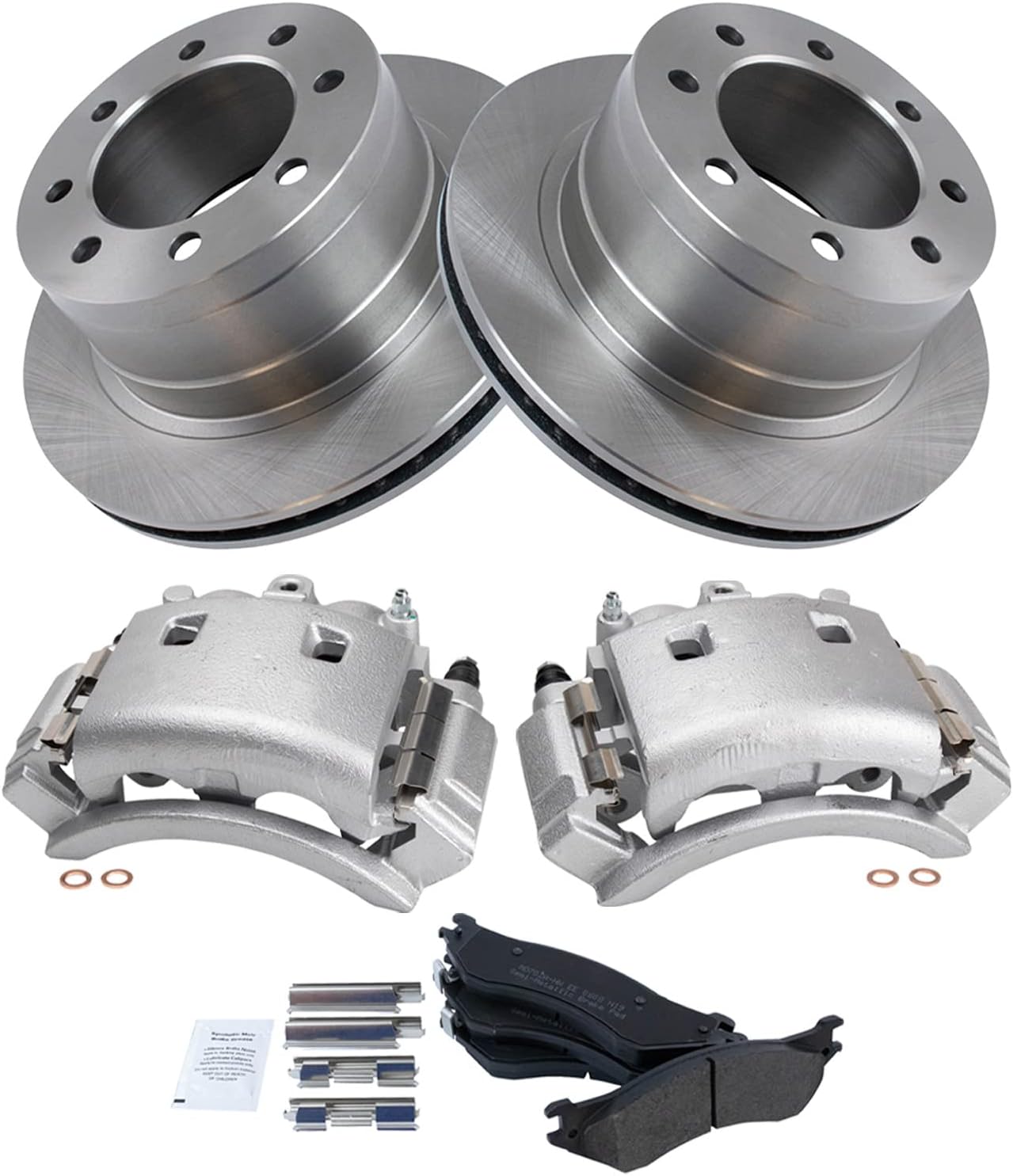 TRQ Rear Brake Pad & Rotor Kit Brake Caliper Brake Pads Brake Rotor Semi-Metallic Vented Compatible with 2003-2008 Dodge Ram 3500