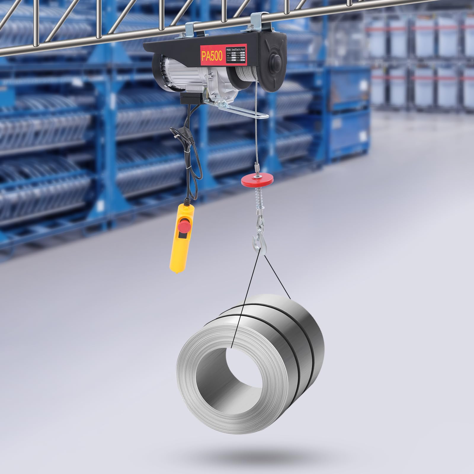 Elevador eléctrico, 500 kg, cable de acero de 18 m | 10 m/min, funda de cuerda con mando a distancia por cable, para taller y almacén, parada de emergencia en el panel de control