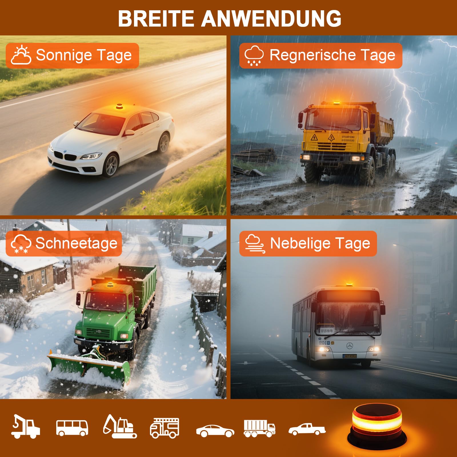 AnTom Rundumleuchte Akku Solarenergie mit 9 Blitzmustern, 12V 24V Gelb Warnleuchte LED Magnet mit Kabel und USB-Kabel für Auto, LKW, Traktor, Golfwagen, SUV，Notfallfahrzeuge und Baustellen