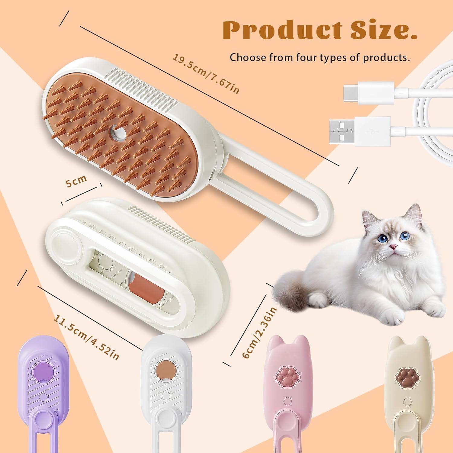 Cepillo de vapor para gatos, cepillo de vapor recargable para mascotas, para desprendimiento, cepillos de masaje en spray de agua, depilación de perro, cepillo de limpieza automático, peine