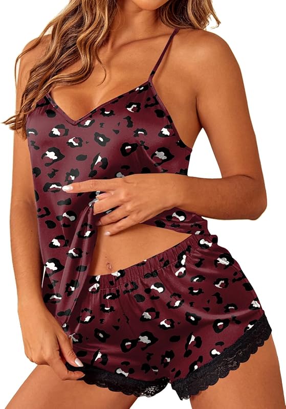 Ekouaer Conjuntos de pijama de satén para mujer, lencería sexy, camisola de encaje, conjuntos de pijama cortos | Tela suave y cómoda, ajustada, cuello en V, tirantes finos ajustables, borde de encaje, para ropa de dormir, informal, vacaciones