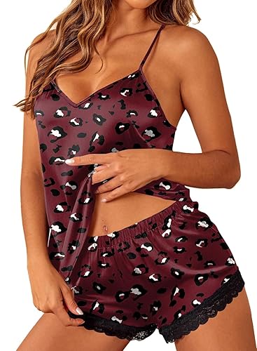 Ekouaer Satin Pajamas Women Lace Sleepwear Lingerie Cami Shorts Set Nightwear XS-XXL - Medium - Cheetah Wine Red