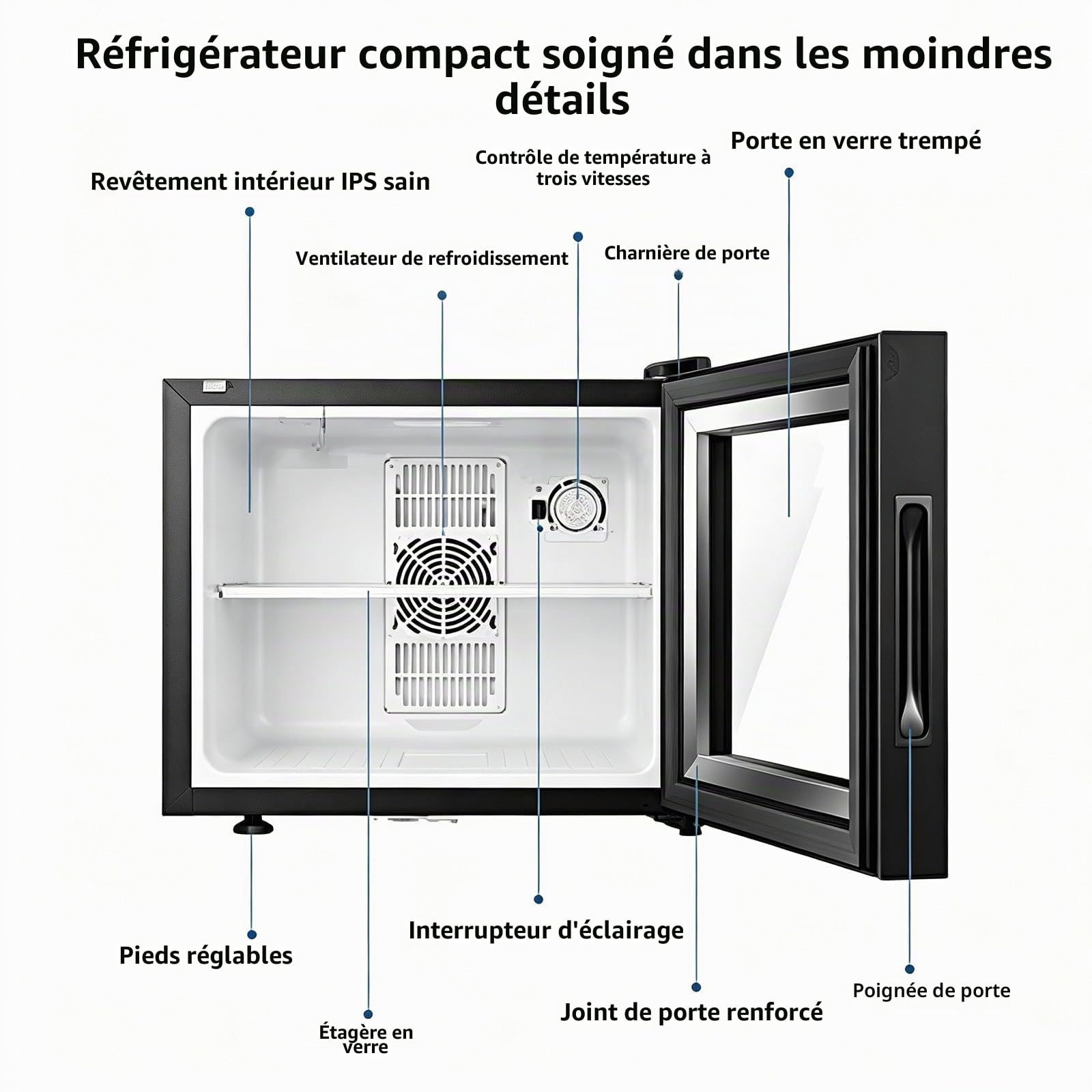 Réfrigérateur vertical une porte, avec porte vitrée et serrure 40L