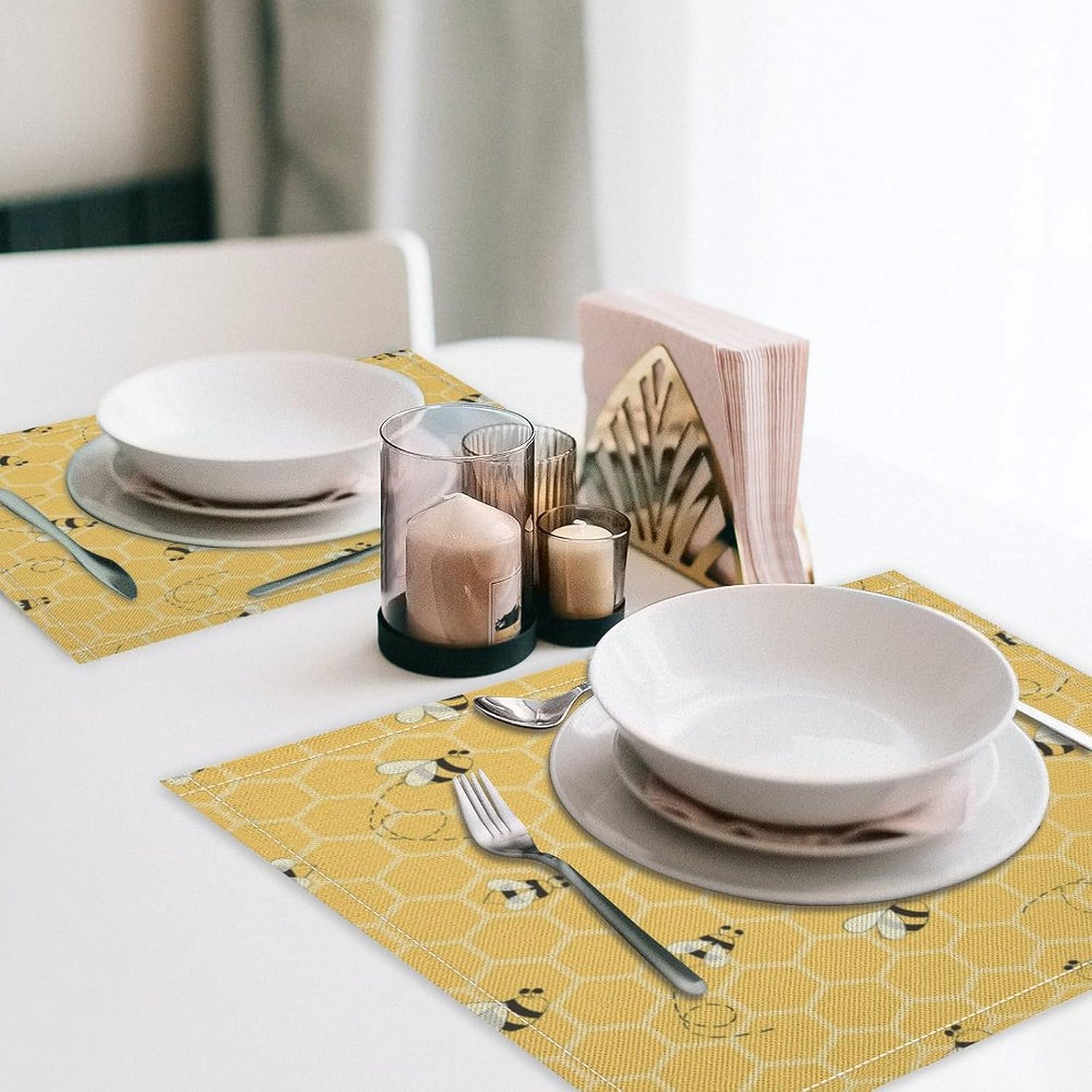 Flying Bees Placemats Set of 6, 17x12 Inch Rustic Vintage Geometric Hexagonal Honeycomb Yellow Art Print Table Mats for Home Party Kitchen Dining Decor