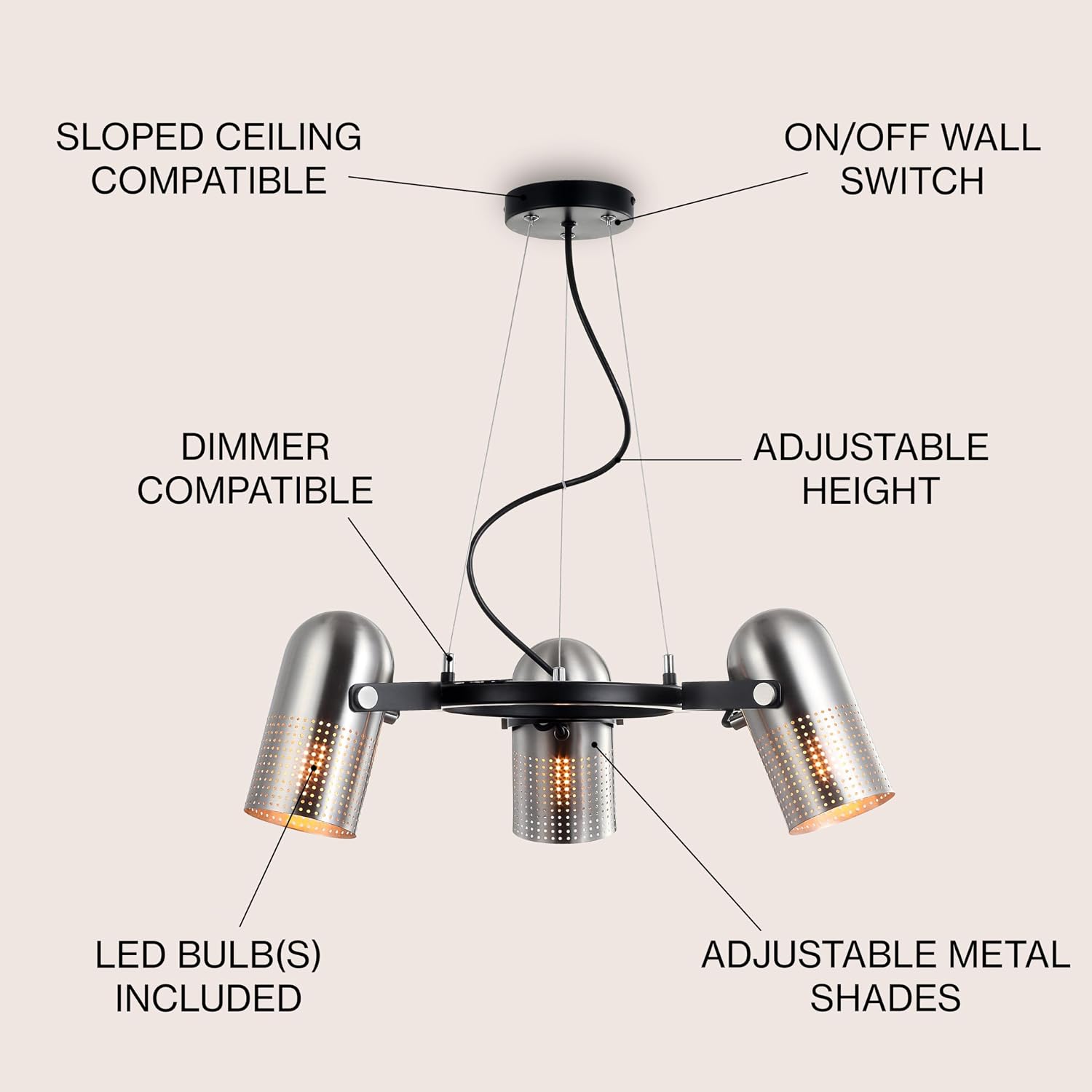 JONATHAN Y 22" Brushed Nickel/Black 3-Light Iron Chandelier, Adjustable Stage-Style Pendant Light for Kitchen Dining Room, Contemporary Wagon Wheel, LED Bulbs Included JYL6128A