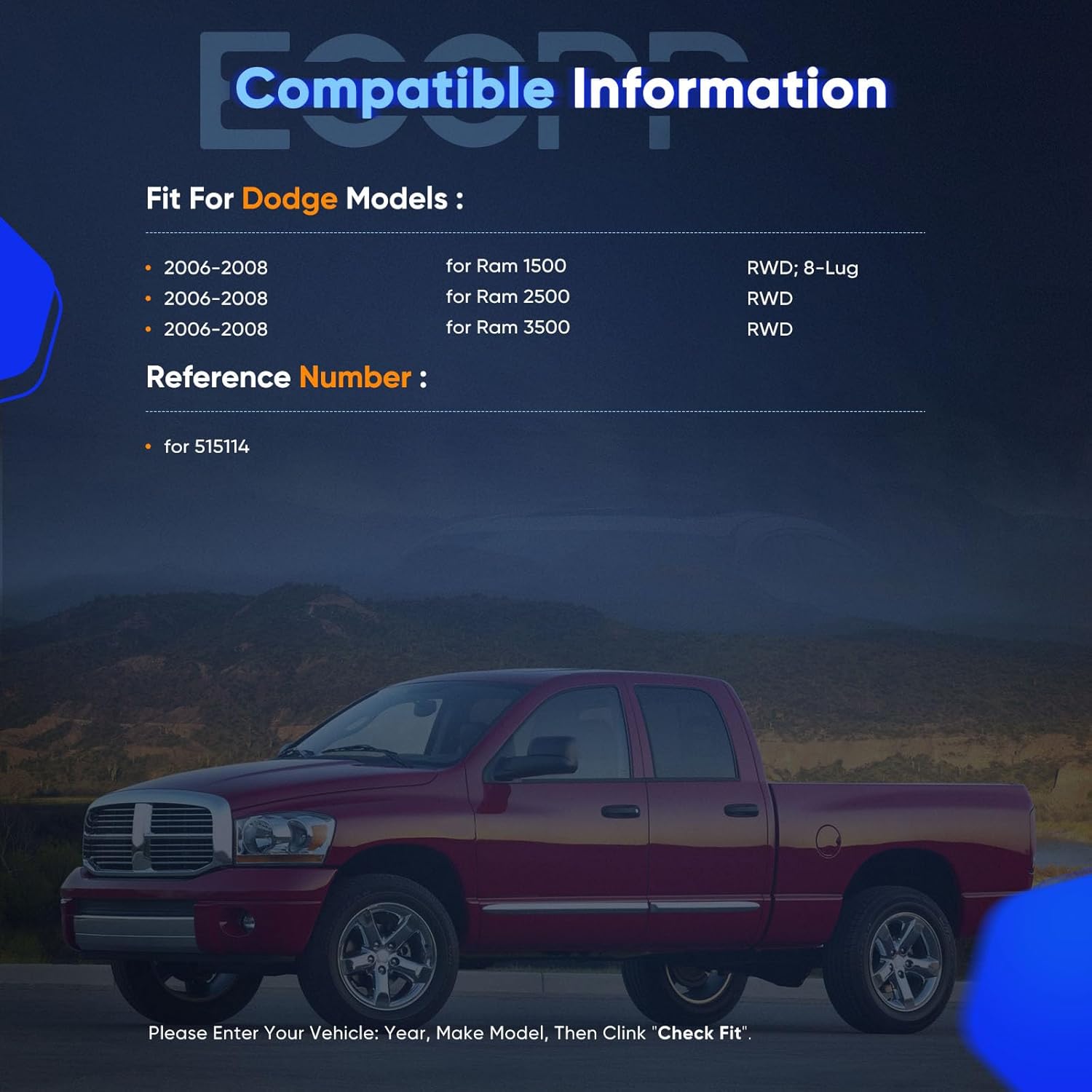 ECCPP 515114 Front Wheel Hub Bearing Assembly For DODGE RAM 1500 2006-2008 RWD, 8-Lug, 4.7L, 5.7L,For DODGE RAM 2500 2006-2008 RWD,For DODGE RAM 3500 Sensor Wire
