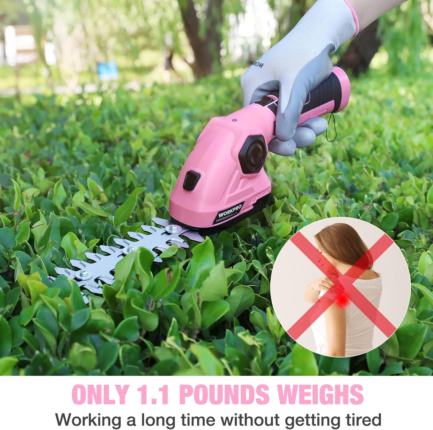 WORKPRO 7 Piece Garden Tools Set and 7.2V Pink Cordless Grass Shear & Shrubbery Trimmer