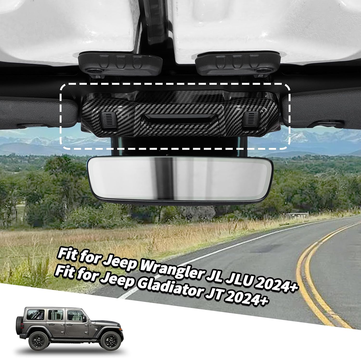 Jimen Compatible with Jeep Wrangler JL JLU & Gladiator JT 2024-2025, Interior Rearview Mirror Upper Panel Cover Trim (Carbon Fiber)