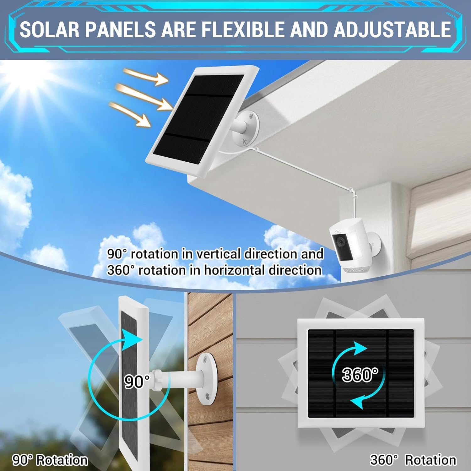 Solar Panel Outdoor for Ring Cameras (White 3P) Spotlight Cam Plus/Pro(Battery) Stick Up Cam/Pro Wireless Outdoor with 10FT/3M Long Cable Dustproof Waterproof