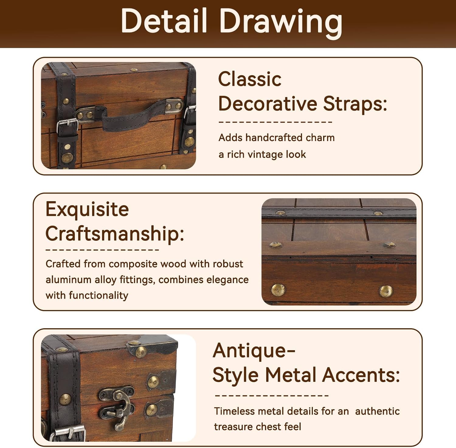 HERCHR Large Wooden Pirate Treasure Chest Box with Lock, Vintage Wooden Trunk Storage Box Memory Box Keepsake Chests Vintage Suitcase Case for Keepsakes, Pirate Chest, 13.5 X 9.5 X 6in
