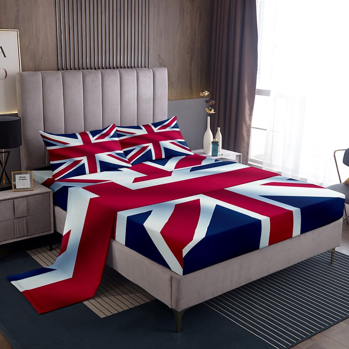 Erosebridal Union Jack Queen Size Sheet Sets 4pcs, Retro United Kingdom Flag Bed Sheets Set for Kids Boys Girls, Vintage London Microfiber Bed Set for Bedroom, Red Blue England Room Decor Bedding Set