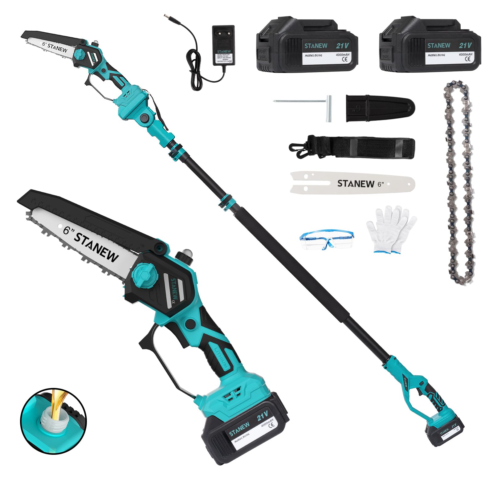 STANEW 2 in 1 - Tagliatrice da 6 pollici, motosega con batteria senza spazzole da 6 pollici, motosega con 2 batterie da 4000 mAh, 600 W, altezza di lavoro max 4,55 m, display LCD