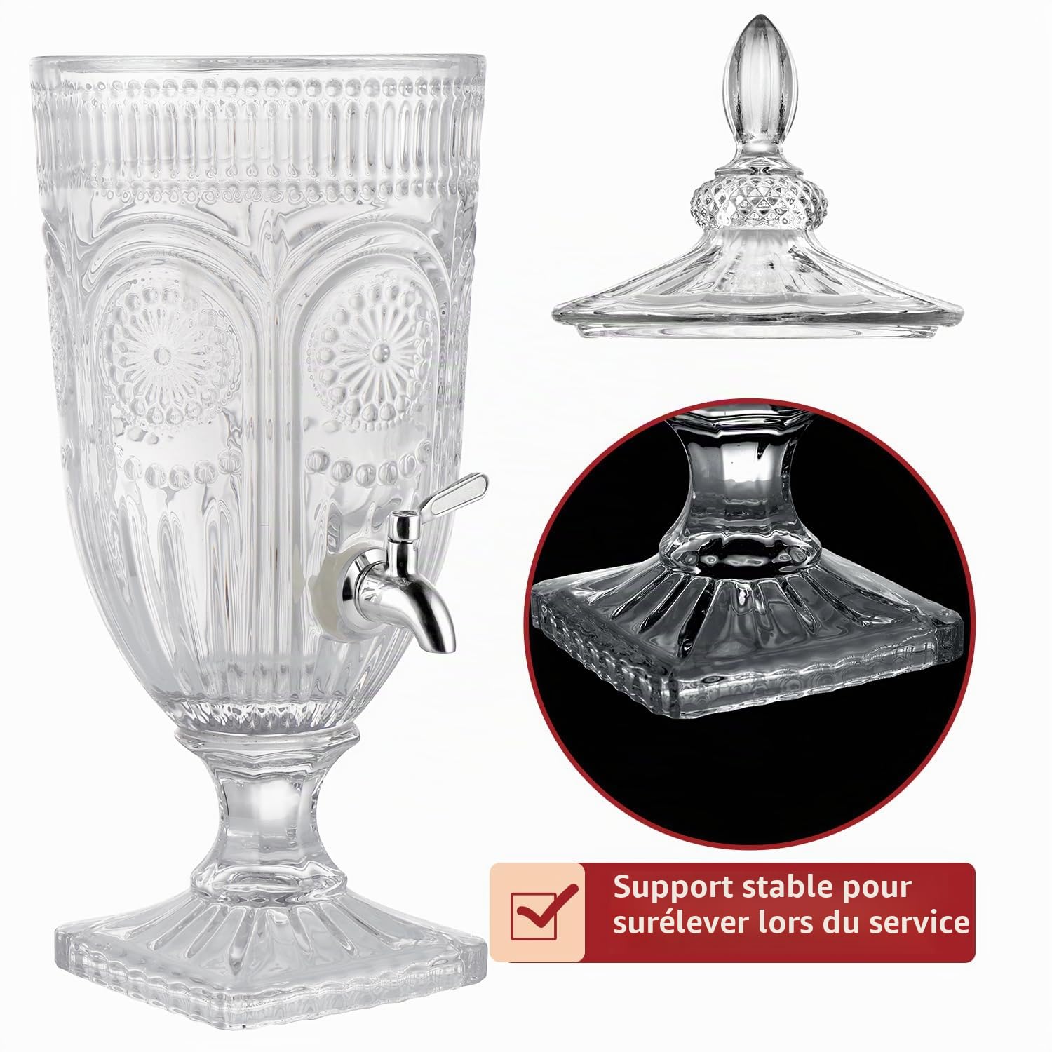 Distributeur de boissons en verre de 3 L, distributeur de boissons en relief avec robinet en acier inoxydable 304, distributeur de cocktail pour fête, mariage, restauration, buffet, bar