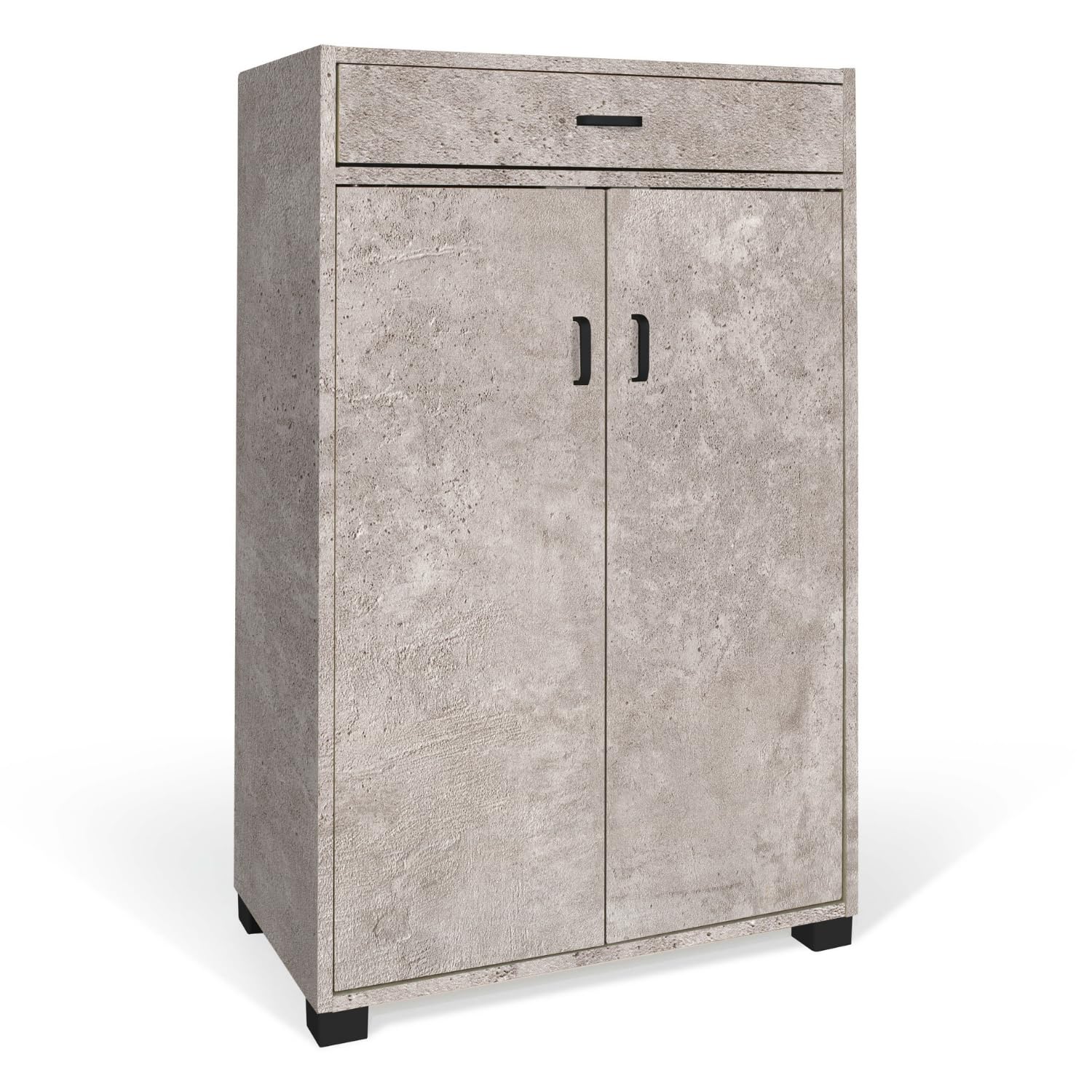 eacommerce | Scarpiera 4 ripiani, 2 ante, 1 cassetto | Legno melaminico, 63x33x95H cm | Ripiani inclinati, piedini in ABS | Organizzazione scarpe salvaspazio (Cemento)