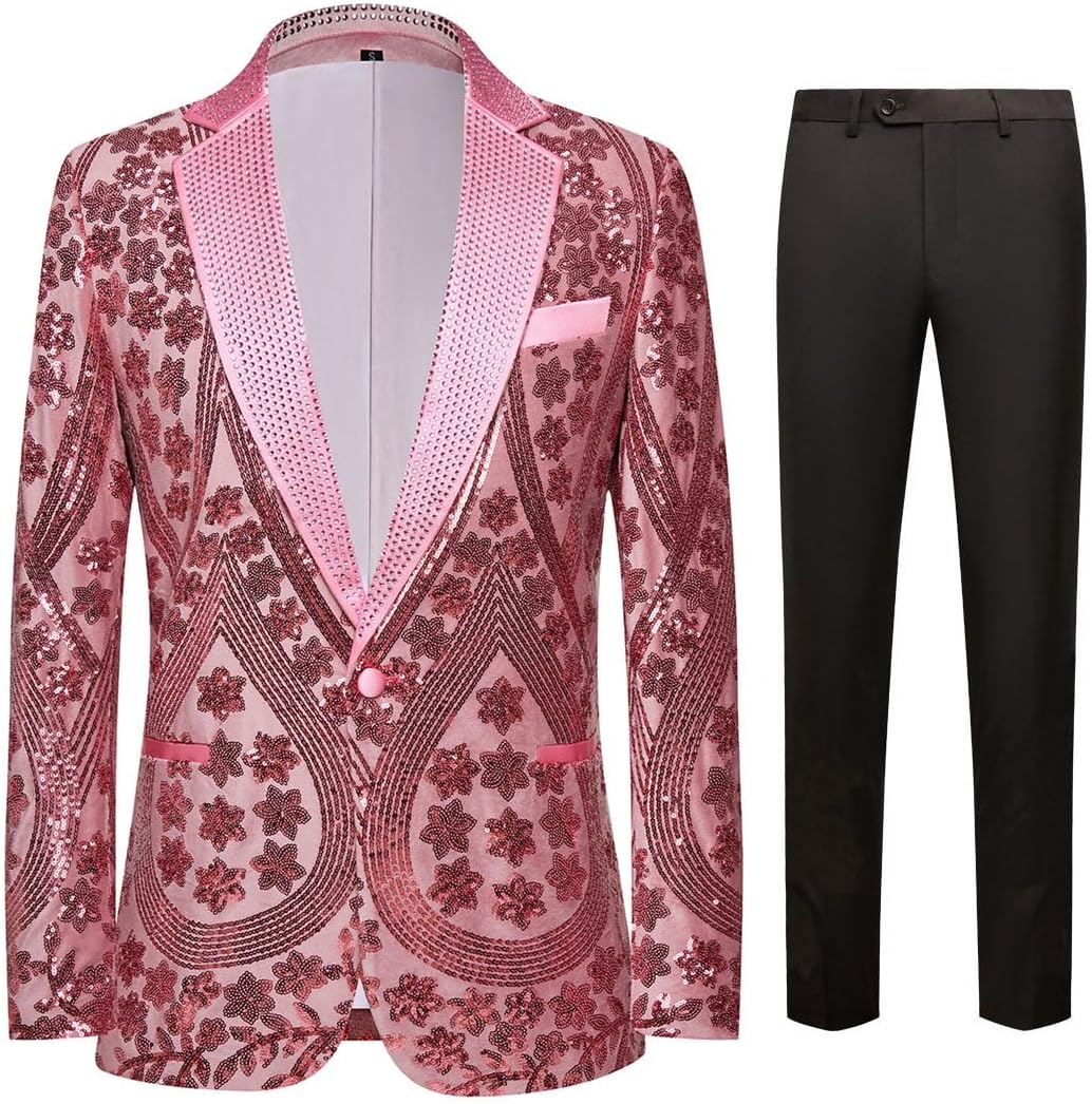 Men's Embroidered Sequin Blazer with Black Dress Pants Suit Set Rhinestone-Embellished for Wedding Party Prom