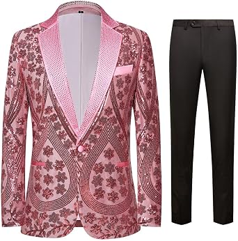 Mens Embroidered Sequin Blazer with Black Dress Pants Suit Set Rhinestone-Embellished for Wedding Party Prom