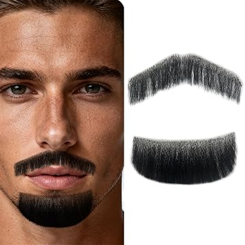 Fake Beard Goatee Mustache, Realistic Natural Looking Fake Goatee Facial Hair Invisible full lace 100% Handmade False Beards for Halloween Cosplay Parties Drama Movie Makeup 2#Black