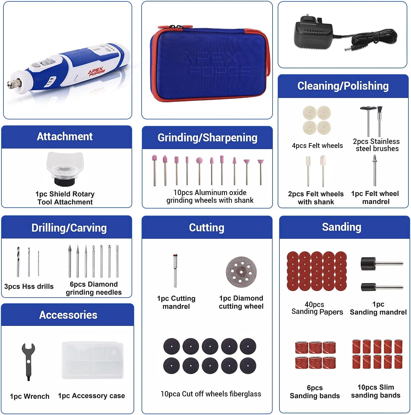 Cordless Rotary Tool, APEXFORGE 8V Power 2.0 Ah Li-ion Battery with 101 Accessories and Shield Attachment, Long Endurance Power- Perfect for Sanding, Grinding, Cutting and Engraving-M8-Blue : Everything Else