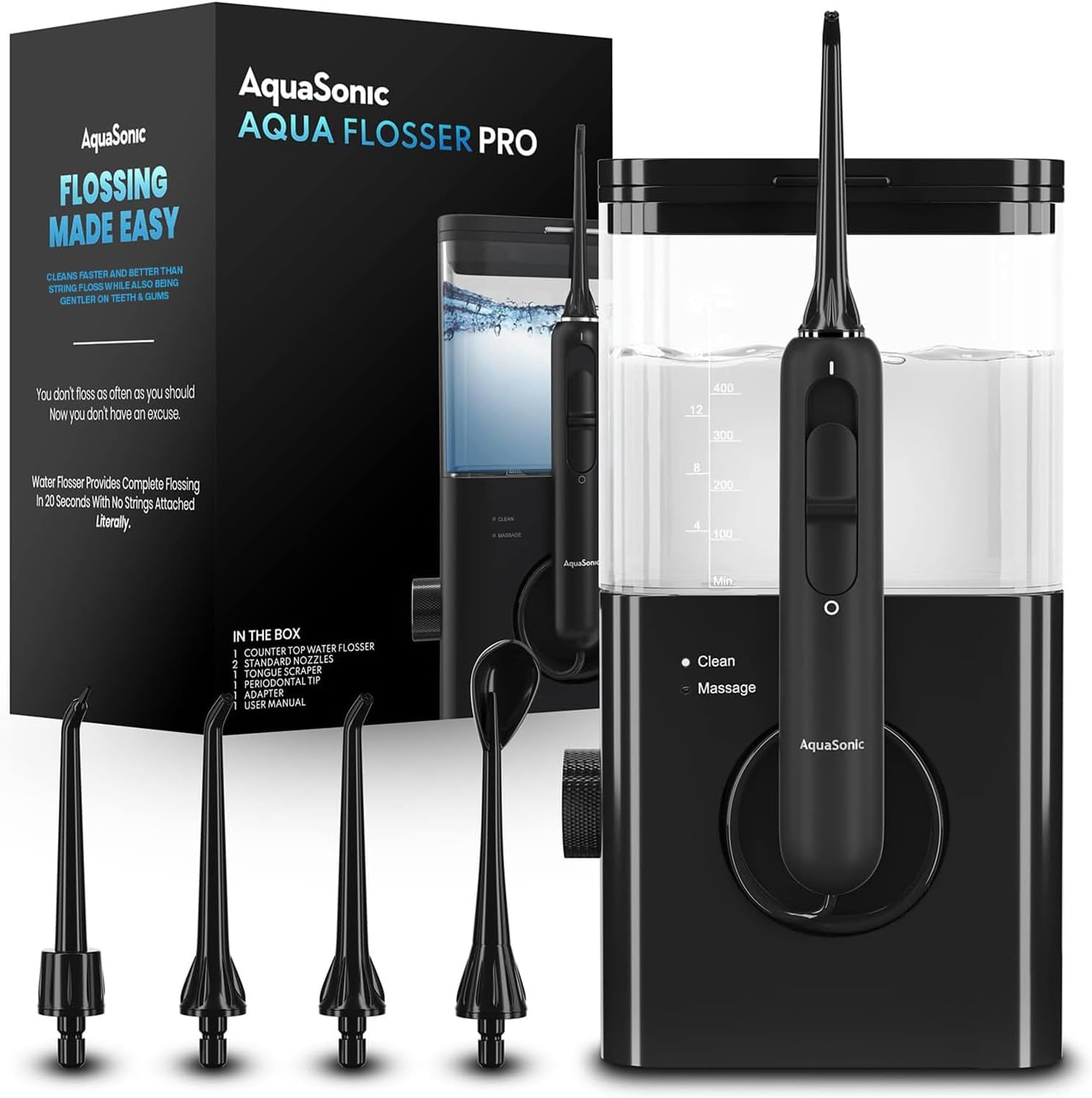 AquaSonic Aqua Flosser PRO | Professional Water Flosser with Large Capacity Reservoir | Oral Irrigator w/ 2 Modes, 10 Levels of Water Pressure, 4 Included Tips | Sleek & Compact | Dentist Recommended