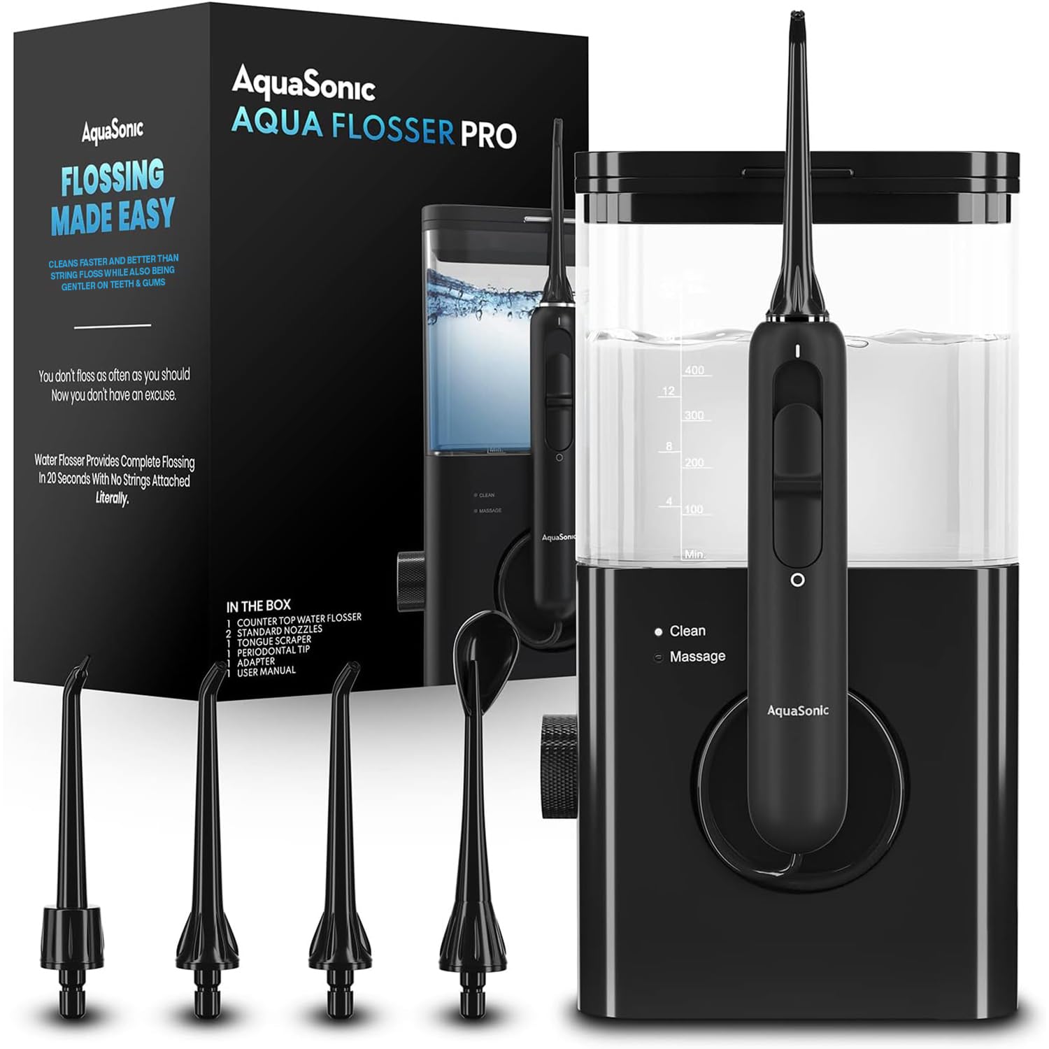 AquaSonic Aqua Flosser PRO Professional Water Flosser with Large Capacity Reservoir Oral Irrigator w 2 Modes 10 Levels