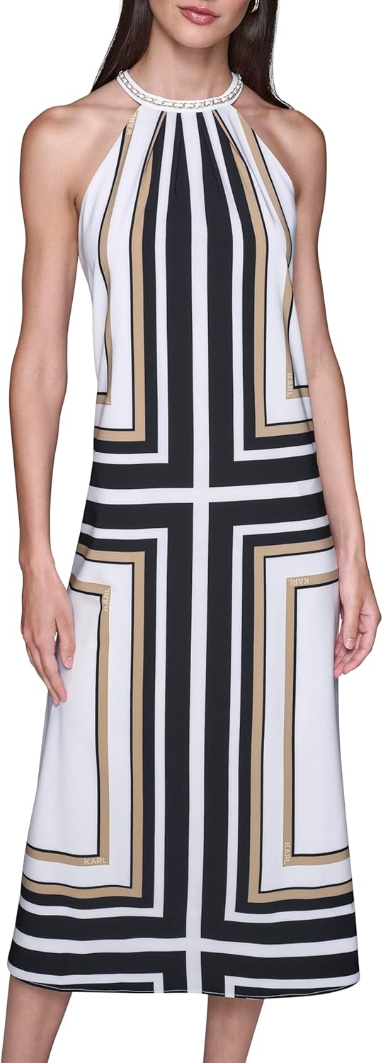 Karl Lagerfeld Women's Sleeveless Chain Collar Printed Silky Crepe Midi Dress