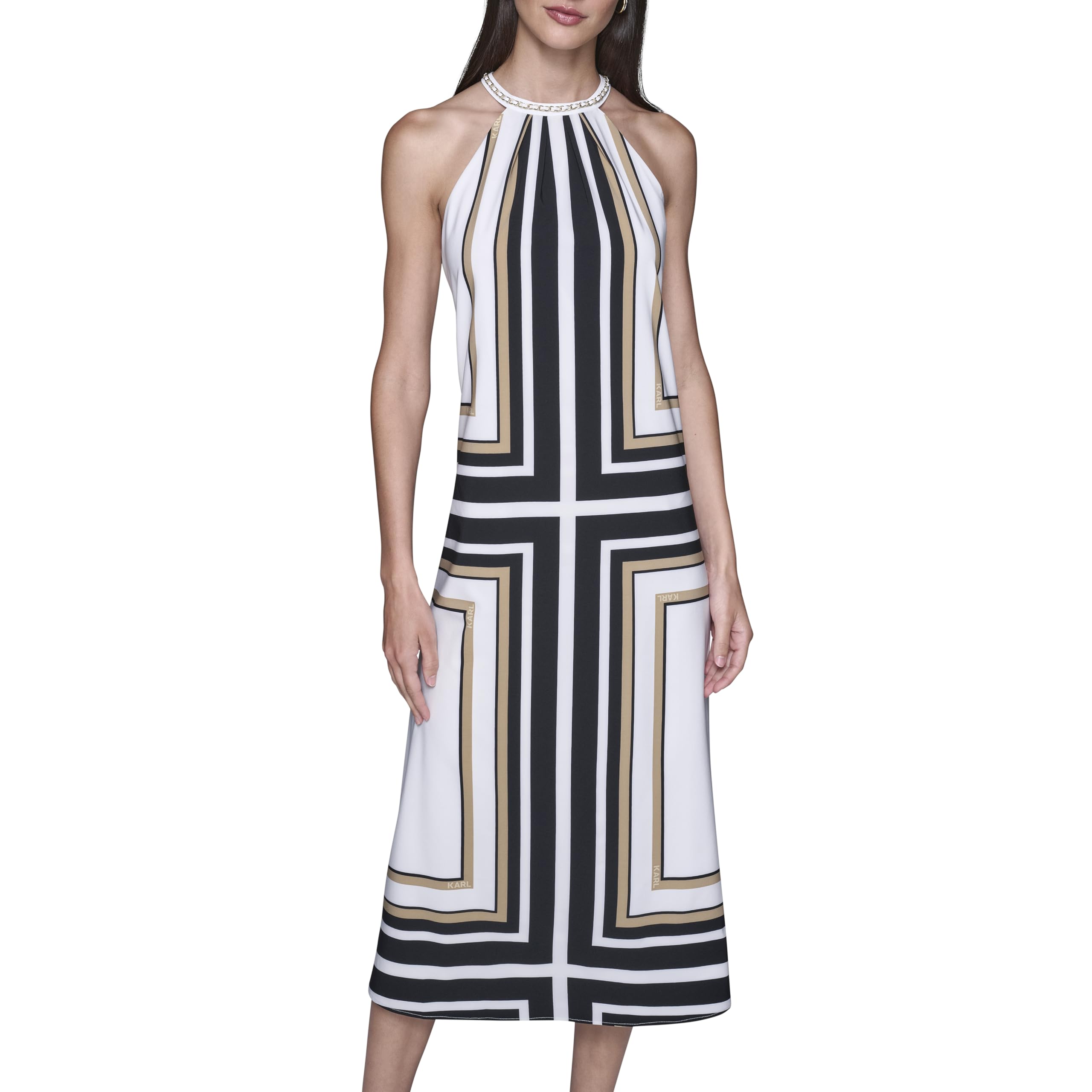Karl Lagerfeld Womens Sleeveless Chain Collar Printed Silky Crepe Midi Dress