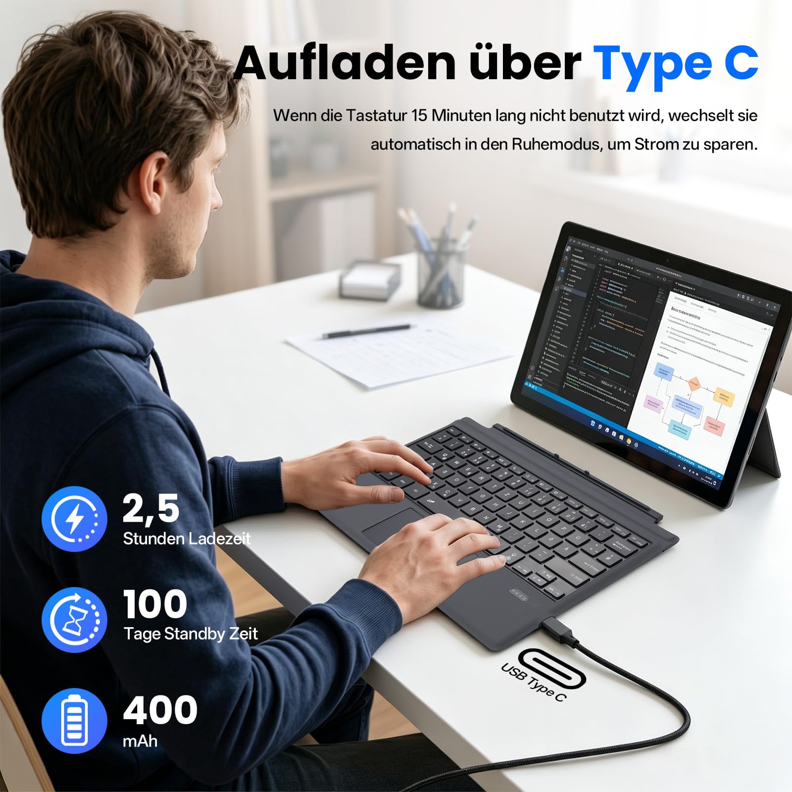 Bluetooth Tastatur für Surface Pro 7+/7/6/5/4/3, Kabellose Beleuchtete Tastatur, Ultraslim Tastatur mit Touchpad, Wiederaufladbare, Deutsche QWERTZ Layout