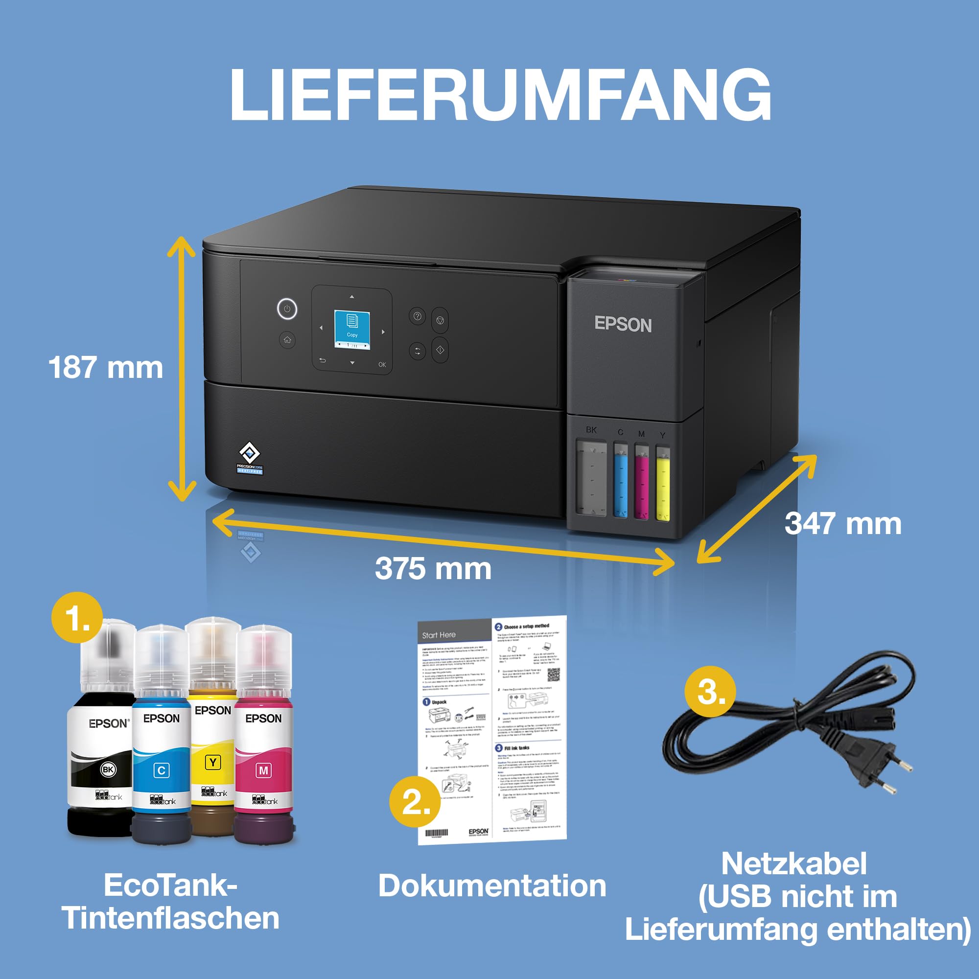 Epson EcoTank ET-2950 Tintentankdrucker | für vielbeschäftigte Haushalte | WLAN | A4 | Drucken, Kopieren, Scannen | 3.7 cm LCD-Display | Duplexdruck | inkl. Tinte für bis zu 3 Jahre