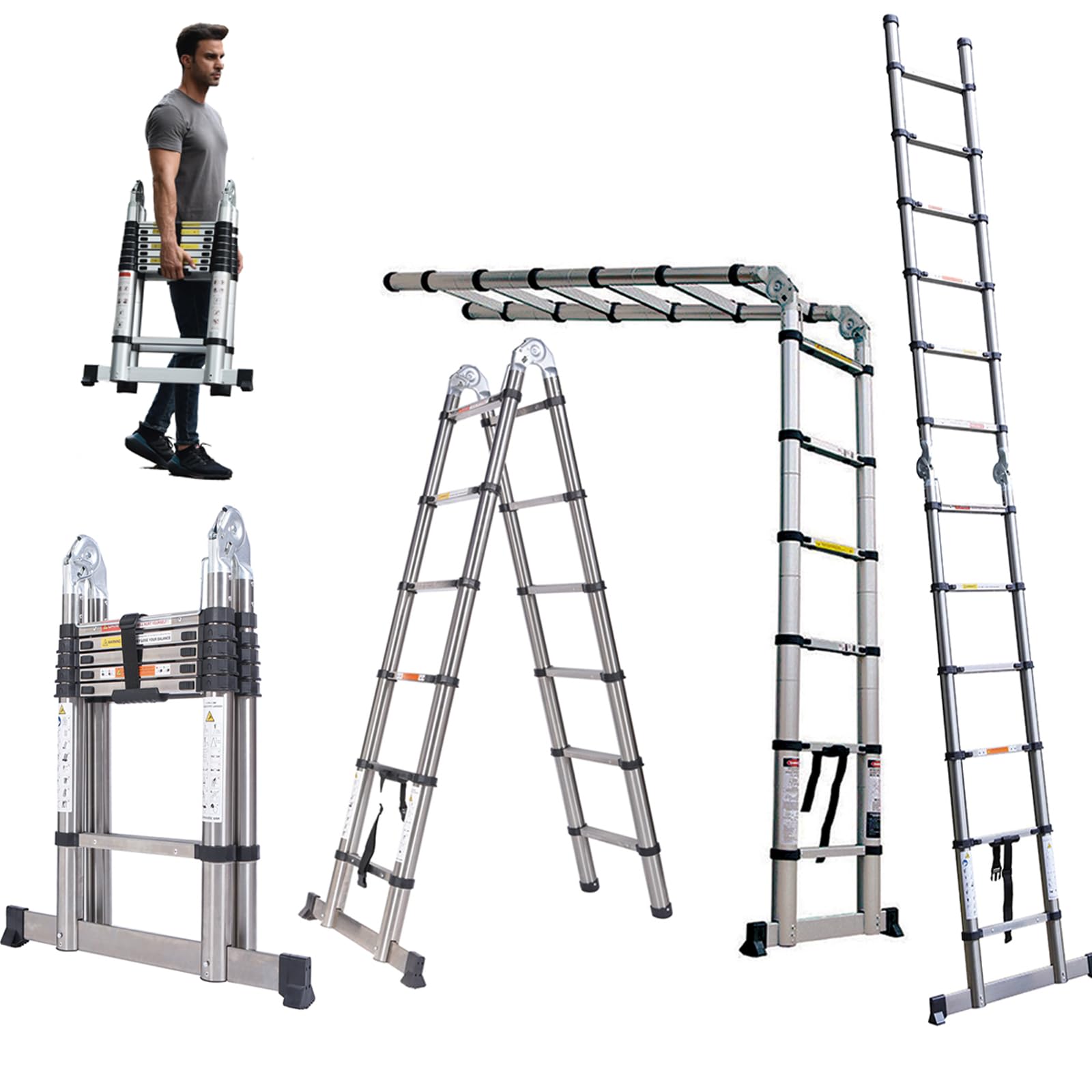 Échelles Coulissantes 3,8m avec stabilisateur, Échelle télescopique Portable et Pliante Antidérapante Escabeau Échelle pour Travail Domestique et Extérieur, Capacité de 330lbs Argent