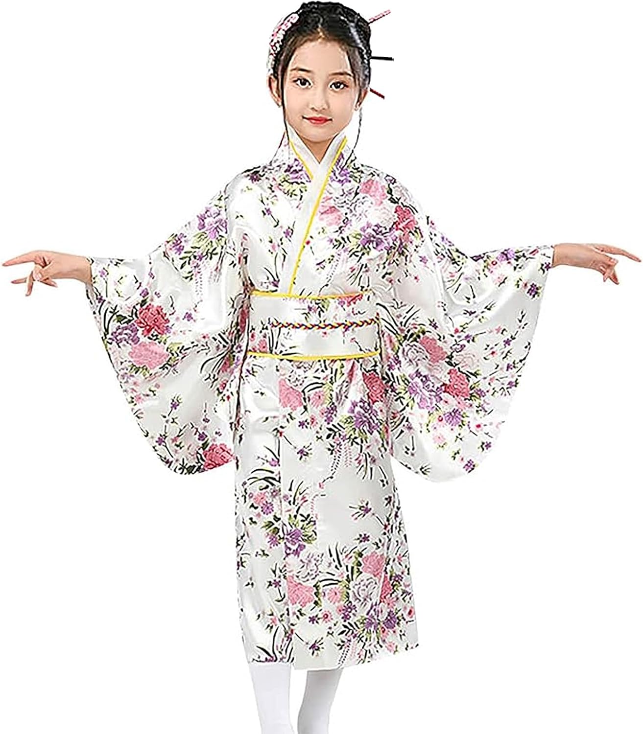 BXT Girls Sakura Japanese Kimono Silk Satin Cherry Blossom Print Yukata Dress Long Robe Gown Bathrobes for Halloween Cosplay