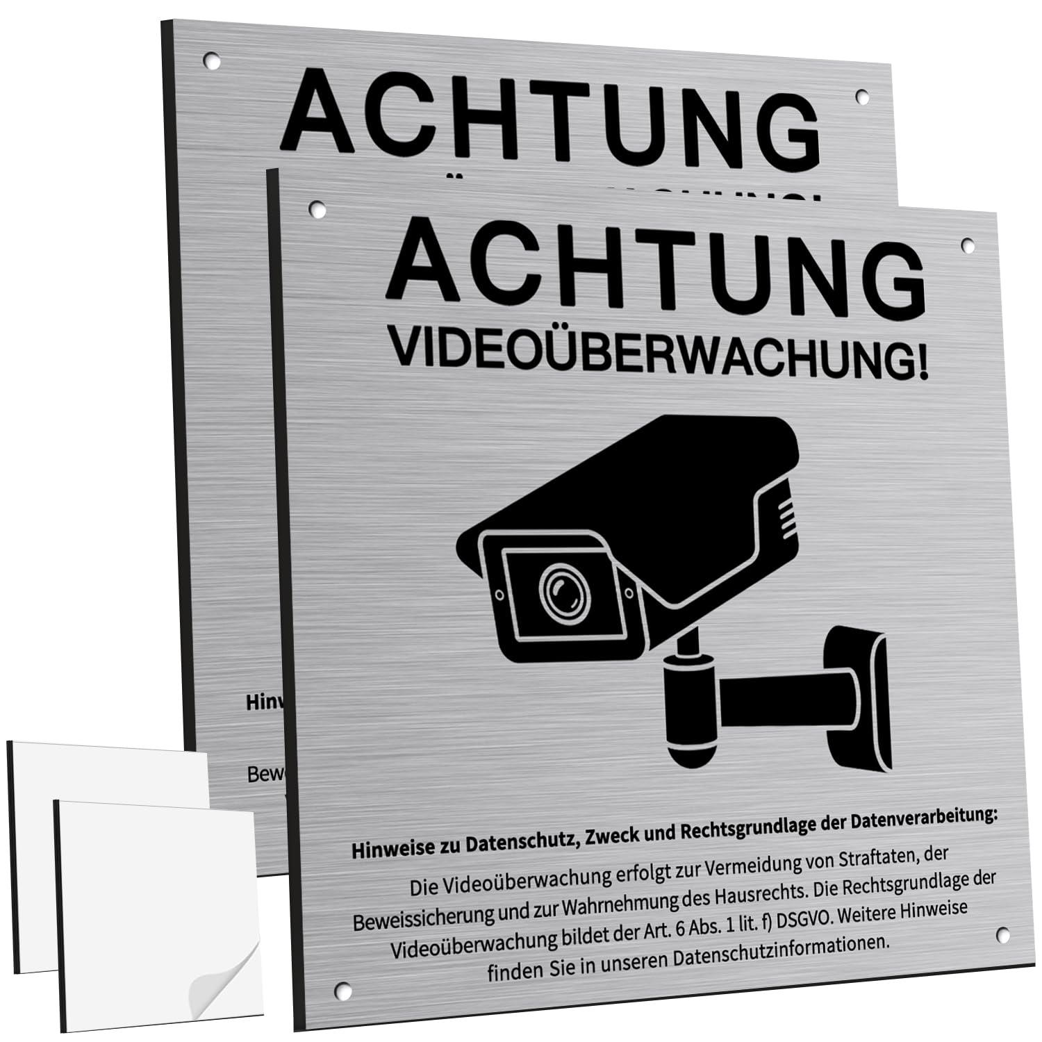 4 Stück Achtung Videoüberwachung Schild Privatgrundstück mit DSGVO Hinweis, 15x15cm Aluminium Schilder Kameraüberwachung, mit Selbstklebend und 4 Bohrlöcher, Kamera Überwachung Schild, Warnschild