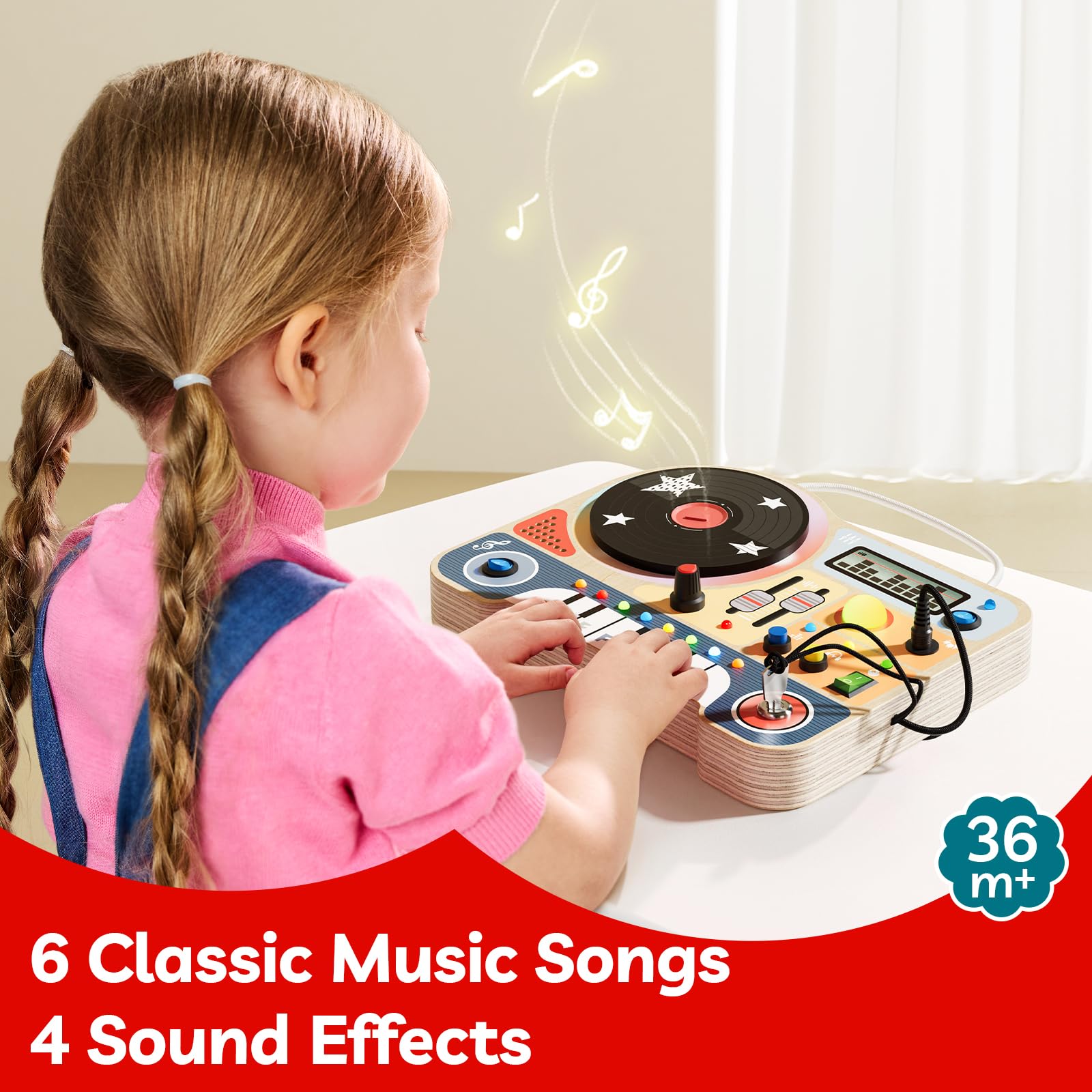 TOP BRIGHT Montessori Busy Board ab 3+ Jahr, Holz Activity Board mit Musik & bunten LED-Leuchten, Motorikspielzeug und Sensorik Spielzeug für Kleinkinder, Geschenk Jungen und Mädchen ab 3 Jahr