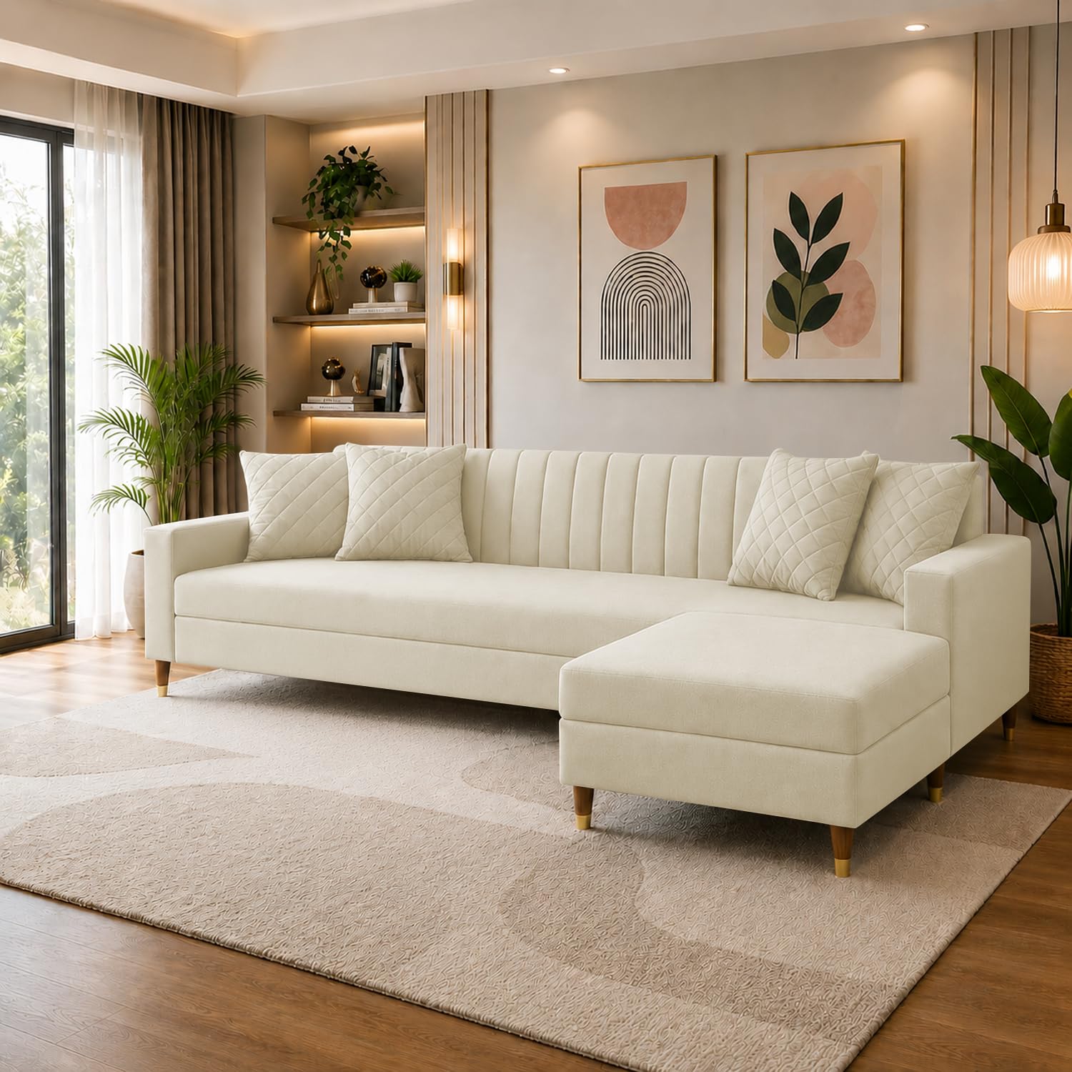 Casaliving Grejoy 4 Seater L Shape Convertible Sofa Set for Living Room, 3 Seater & Ottoman Modular Sectional Couch for Small Space (Beige) Colour Premium Velvet Fabric Sofa-image-25